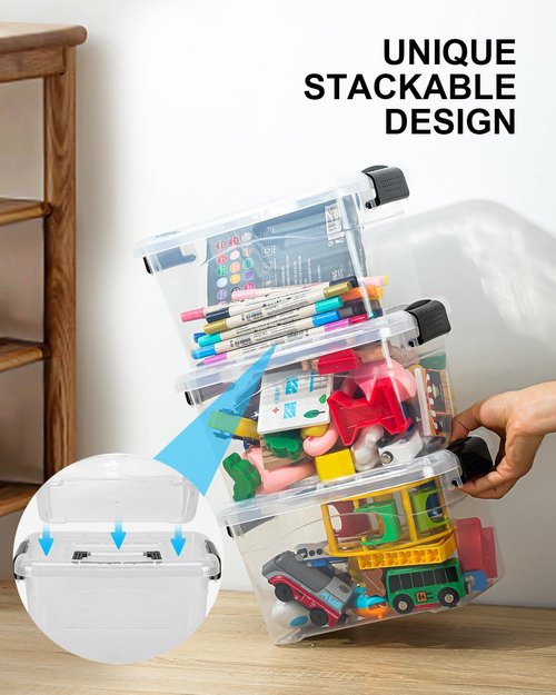EOENVIVS Plastic Storage Bins - 7 Quart Stackable Organizer with Black Buckle Lids | Clear, 6 Pack for Home & Office