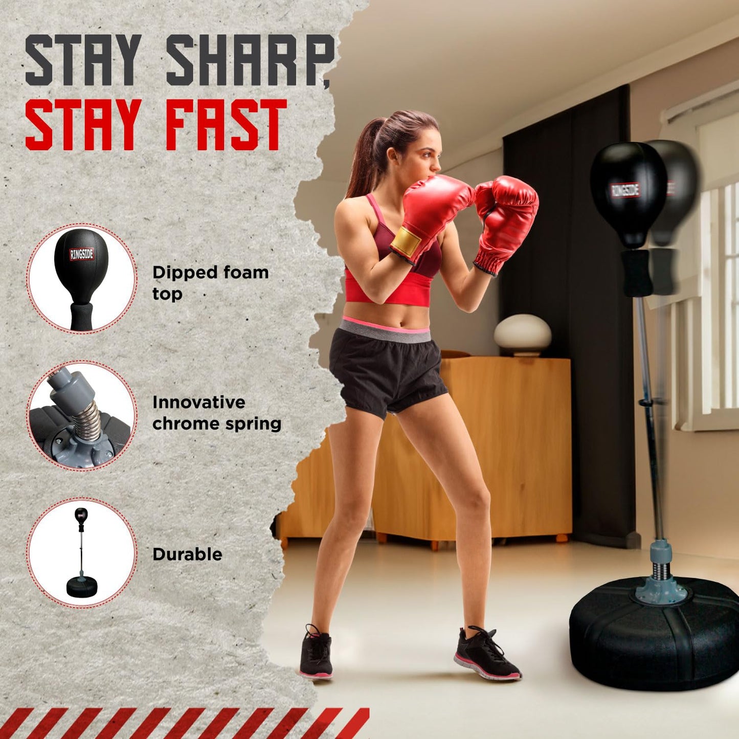 Ringside Fitness Reflex Bag, Dipped Foam Top, Ideal for Boxing, MMA, Muay Thai, and More, Punching Bag Stand with Plastic Base and Chrome Spring, Adjustable Height, 49"–69"