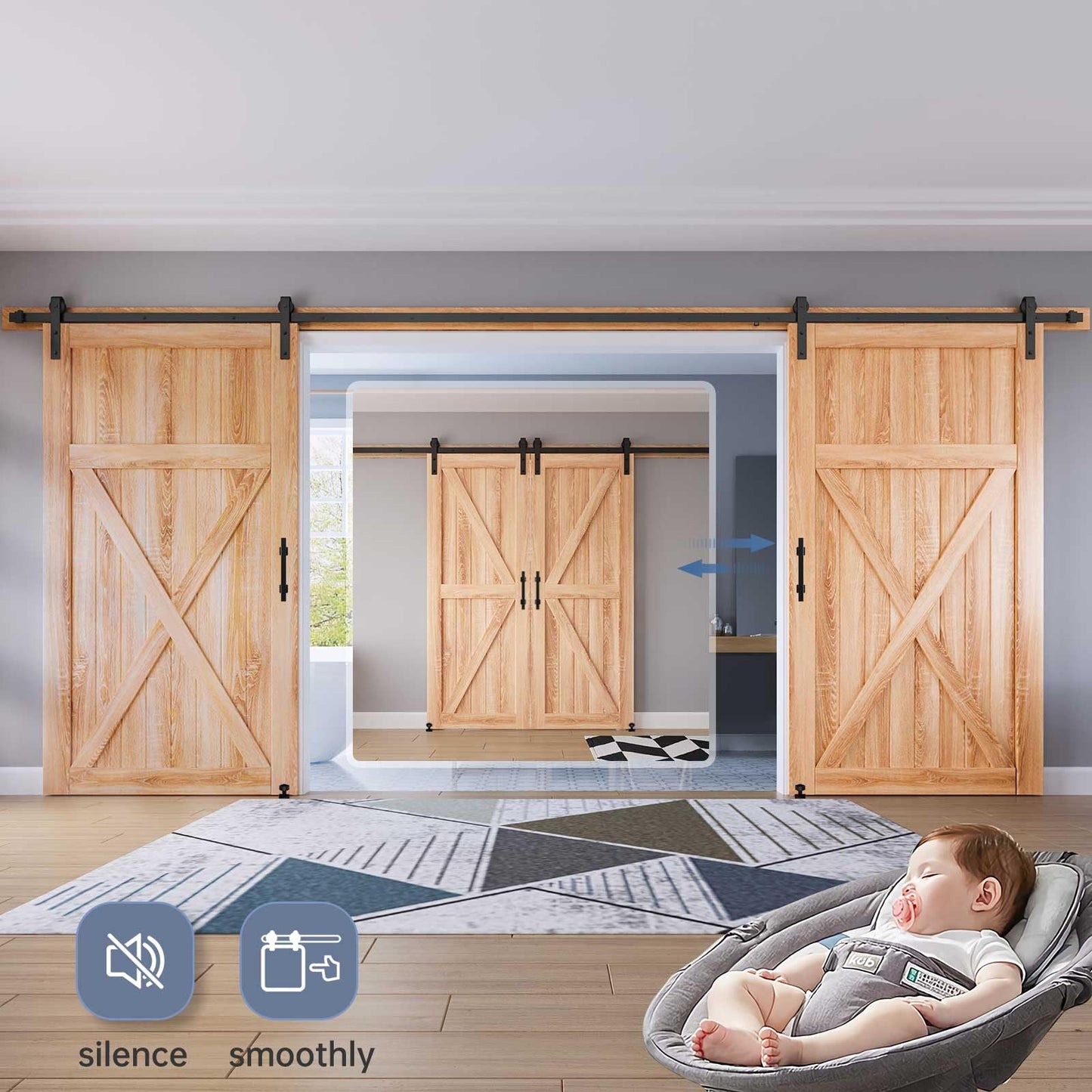 EaseLife 16 FT Double Sliding Barn Door Track and Handle Hardware Kit,Basic J Pulley,Slide Smoothly Quietly,Easy Install (16FT Track Kit for 44"~48" Wide Double Door)
