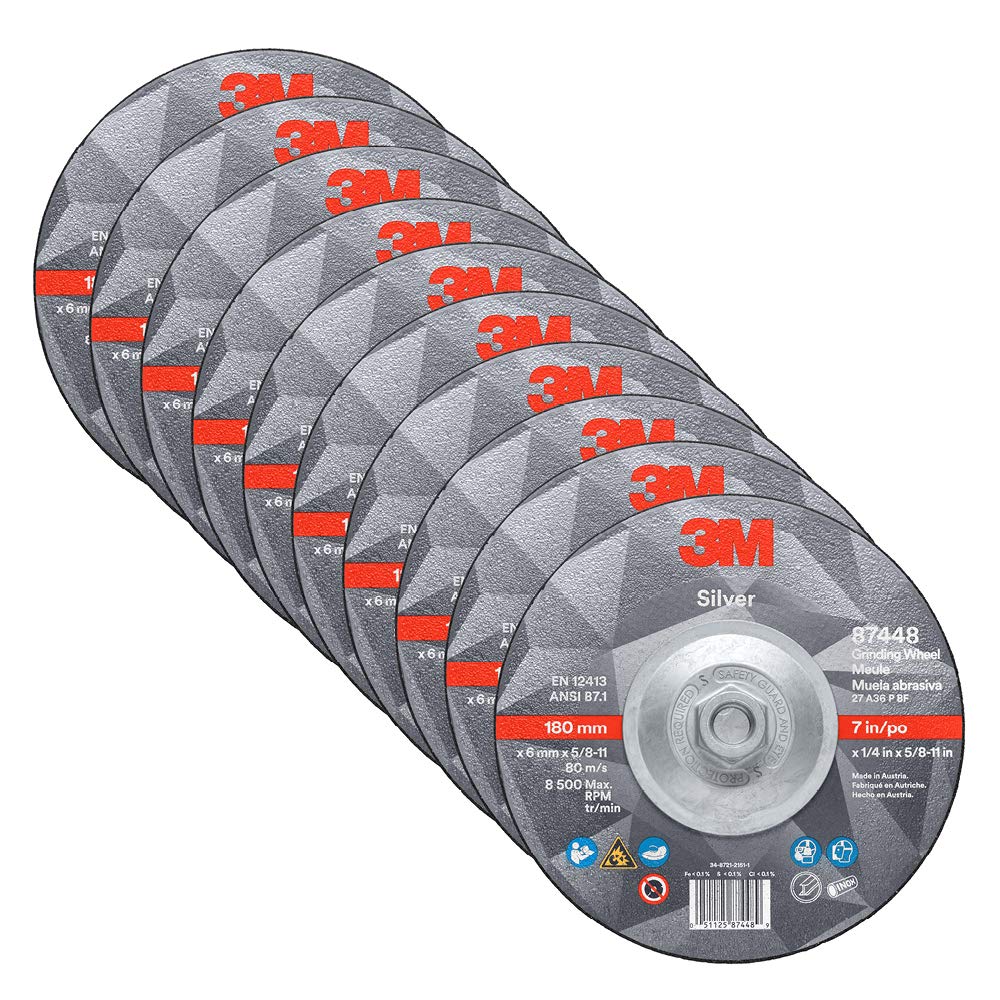 3M Silver Depressed Center Grinding Wheel, 87448, T27 Quick Change, 7 in x 1/4 in x 5/8 in-11, Pack of 10, Deburring Edges, Heavy Stock Removal, Stainless Steel, Mild Steel, Right Angle Grinding
