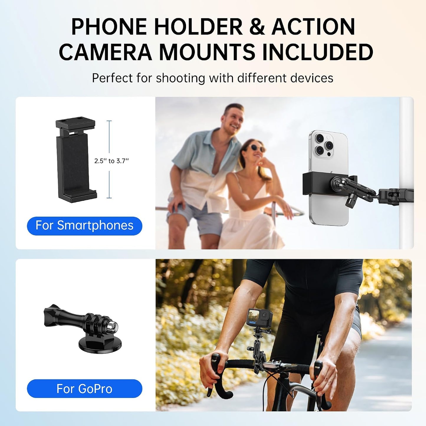 ATUMTEK 1/4" 3/8" 360 GoPro/Insta360/INSTAX/DJI Super Camera Clamp Mount with and Threads, Dual Ballhead Magic Arm Ball
