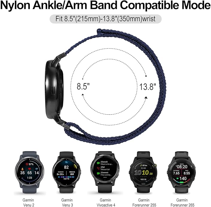 22mm Sport Ankle/Arm Band Compatible with Amazfit Helio, Quick Release Breathable Nylon Bicep Strap Replacement for Garmin Venu 3/Venu 2/Vivoactive 4 & Forerunner 570-47mm/265/255/255 Music