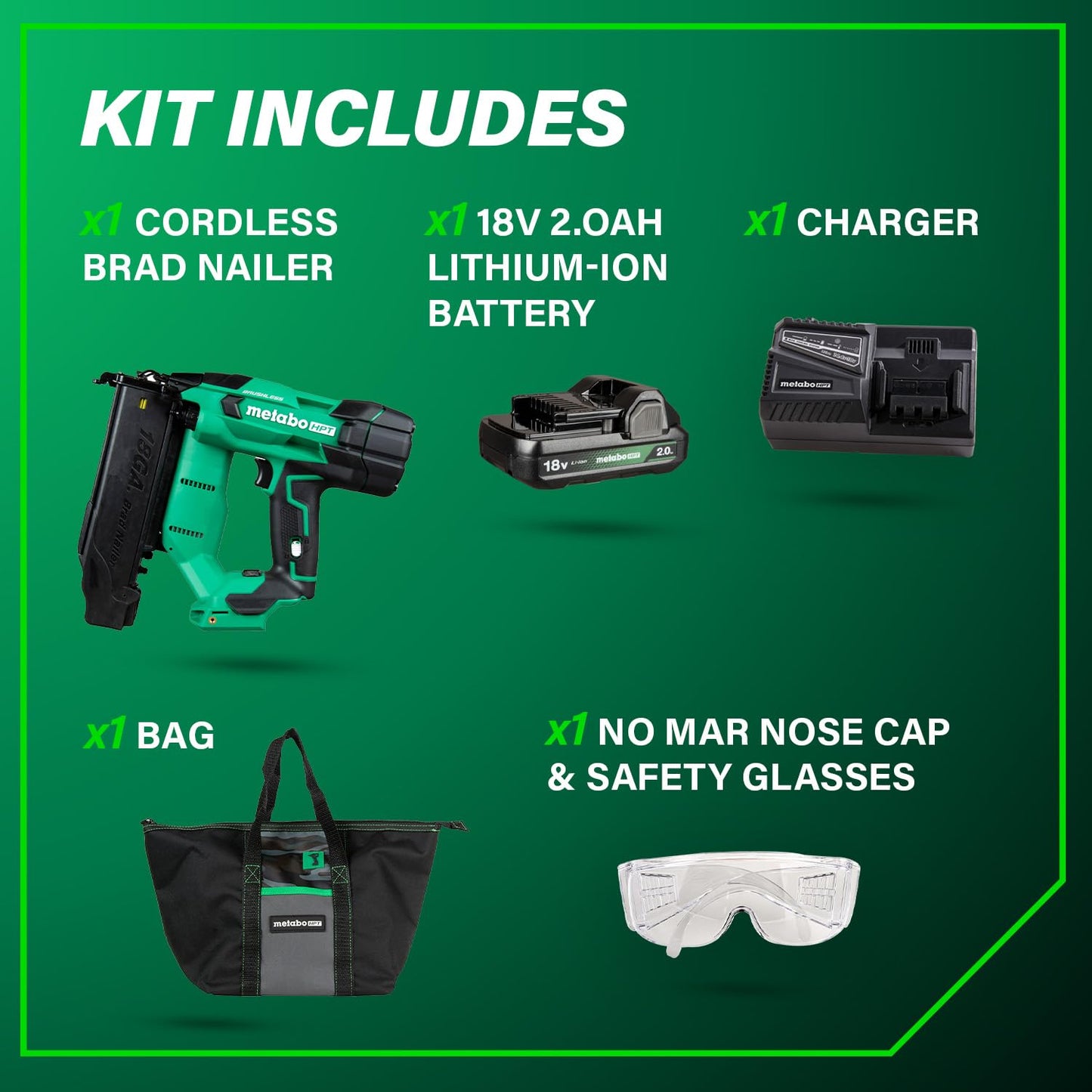 Metabo HPT 18V MultiVolt Brushless Compact Cordless Brad Nailer Kit, 18 Gauge Nailer with Power Tool 2.0Ah Lithium Ion Battery, Drives 5/8" to 2" Brad Nails, NT1850DFT