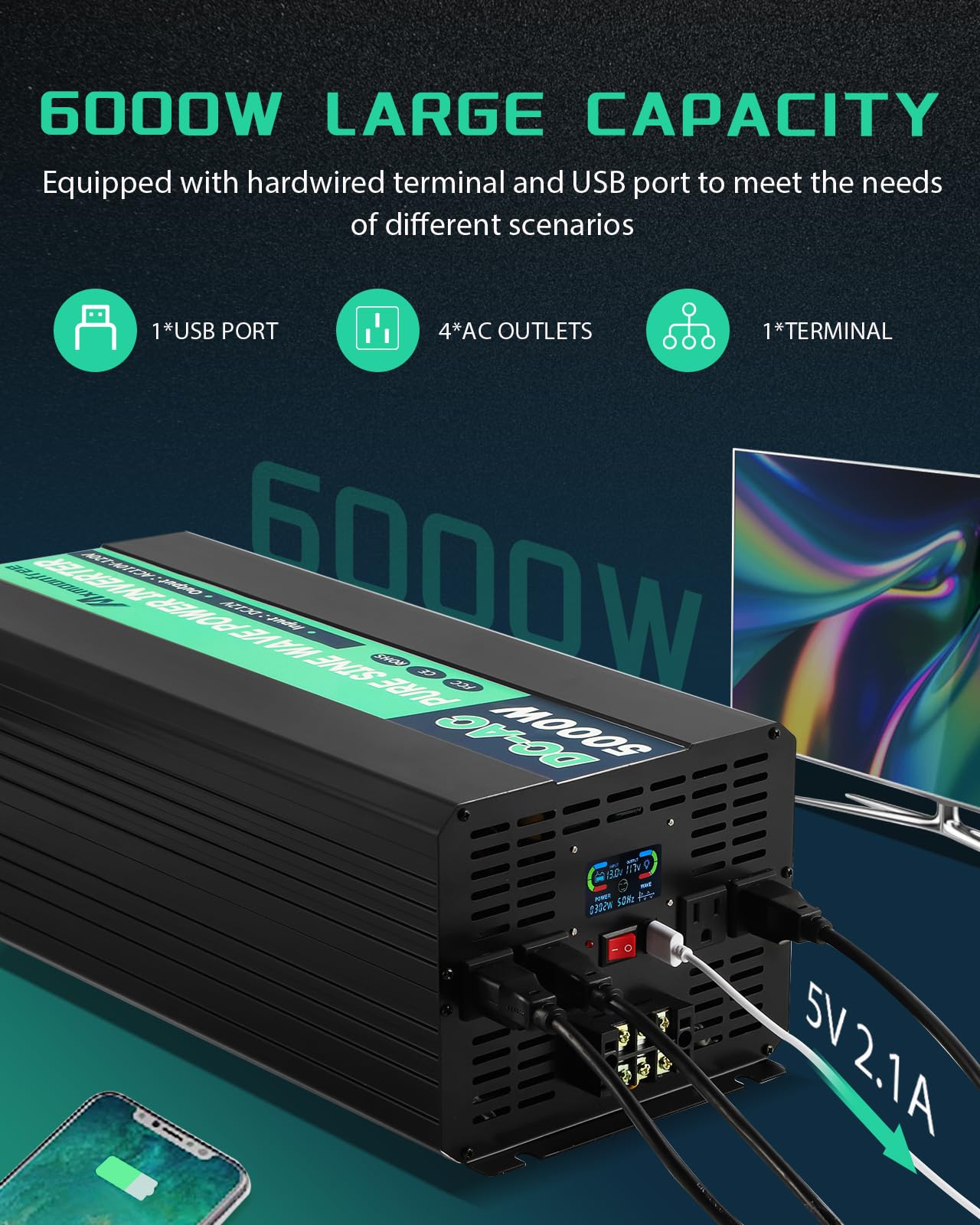 Mxmoonfree 6000W Pure Sine Wave Inverter 12V DC to 110V AC with Wireless Remote Control LCD Display 4 AC Outlets, 1 USB and Terminal Blocks for RV Truck Cabin Off Grid