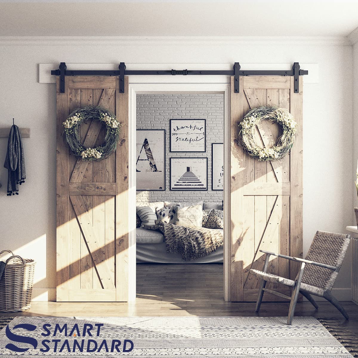 SMARTSTANDARD 8 FT Double Barn Door Hardware Kit, Sliding Door Track-Smoothly and Quietly -Includes Detailed Installation Fit 24" Wide Doorpanel (J Shape Hanger) Black