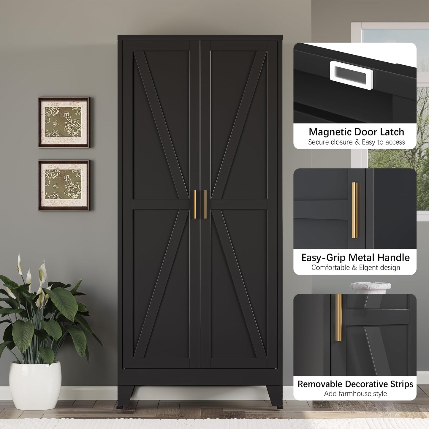 Bevivog 71" Kitchen Pantry Cabinet, Metal Storage Cabinet with 2 Doors and 4 Adjustable Shelves, Farmhouse Tall Metal Pantries Cabinets Storage for Kitchen, Home Office