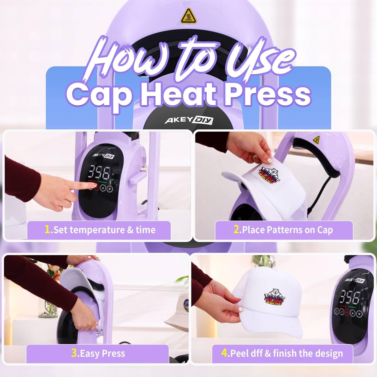 AKEYDIY 3-in-1 Auto Hat Heat Press Machine for Caps, with 3pcs Interchangeable Platens, Automatic Open & Release, Touchscreen for Precise Time & Temp Control, Heat Transfer Printing for Caps, Purple
