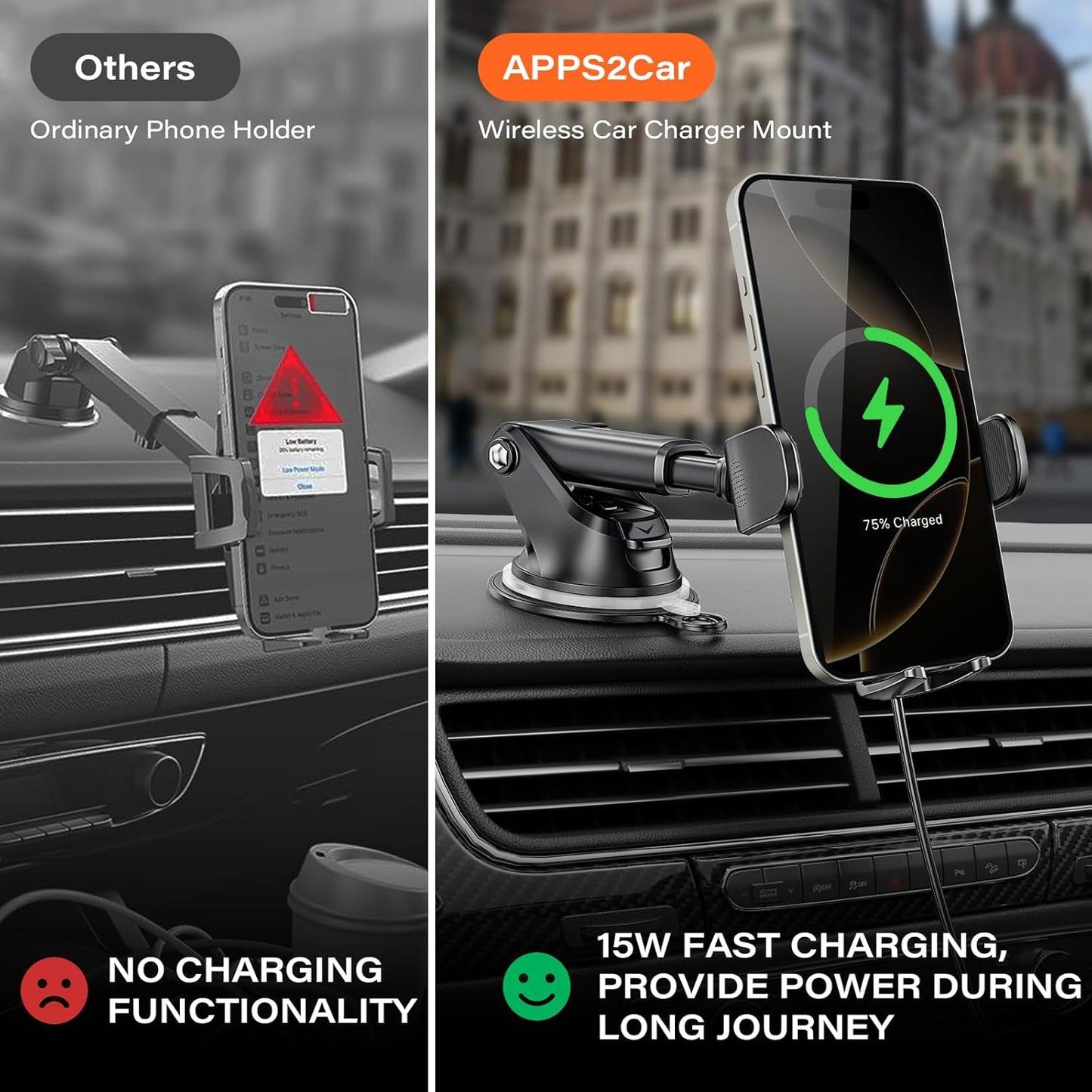 APPS2Car 15W Suction Phone Mount Wireless Car Charger, Dashboard Wireless Charger for Car, Compatible with iPhone