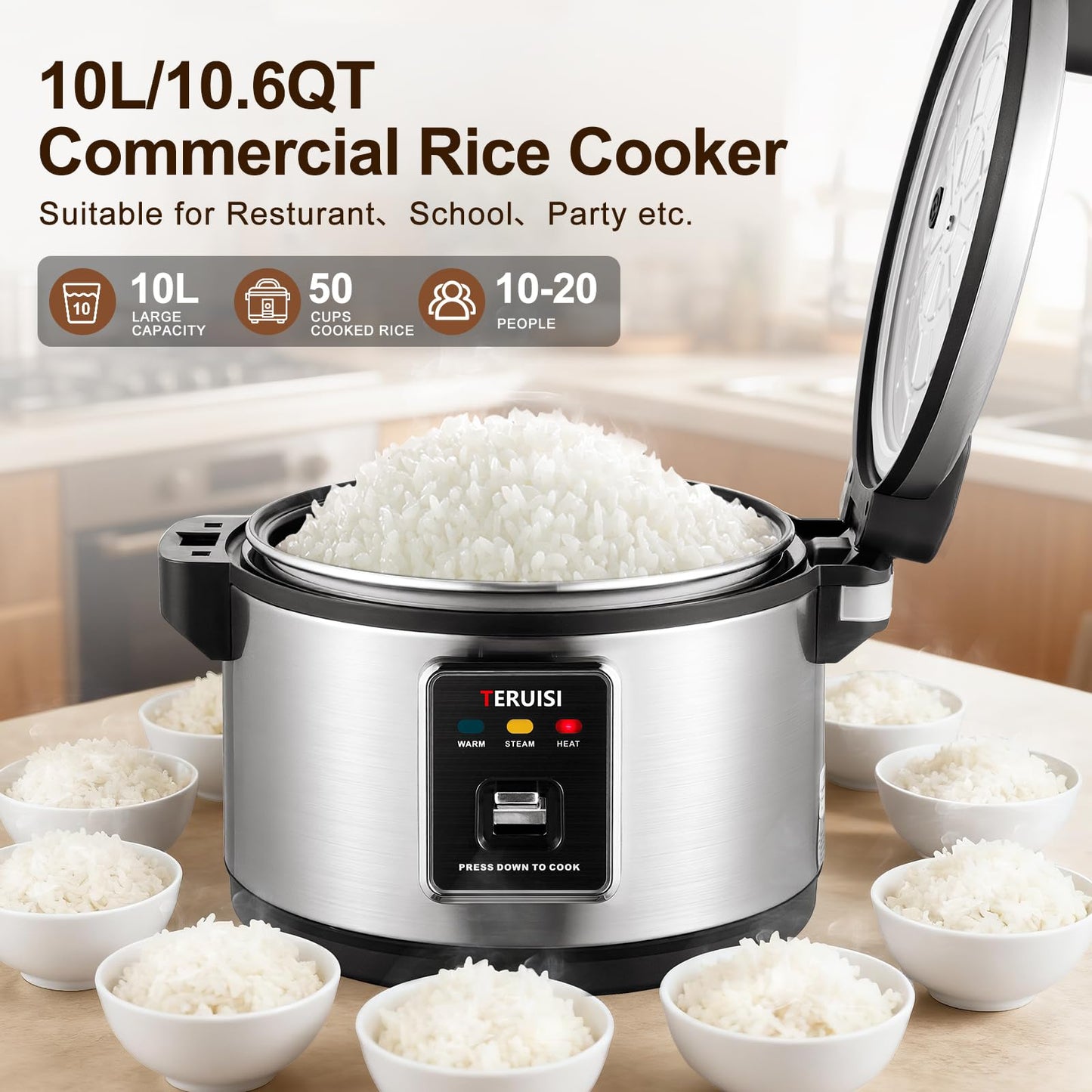 TERUISI Commercial Rice Cooker, 10L/10.6QT Large Rice Cooker & Rice Warmer 50 CUPS Cooked Rice, Fast Cooking Electric Cooker with Auto Keep Warm, Non-stick Inner Pot for 10-20 People Use