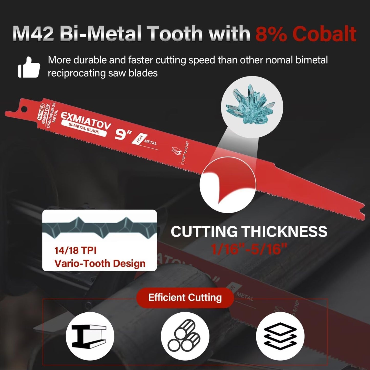 25 Pack 9 Inch 14/18 TPI Reciprocating Saw Blades for Metal Cutting, Bi-Metal Auto Dismantling Reciprocating Saw Blades for 1/16-5/16 Medium Metals, Cutting Blade for Reciprocating Sawzall