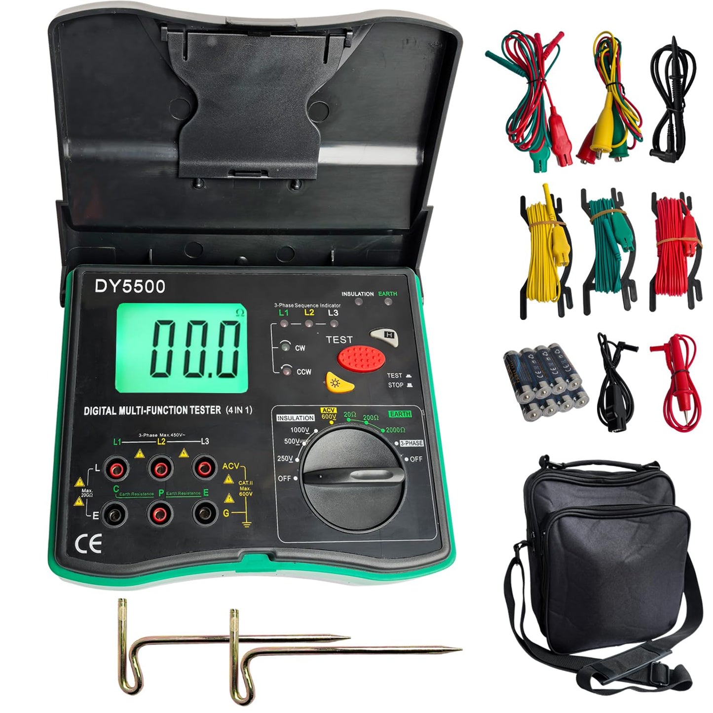 Vanlison 4-in-1 Digital Multimeter with Ground Earth Resistance Tester, Insulation Resistance Tester, Phase Sequence Detector & Voltmeter - 0.01Ω Resolution 600V AC/DC Voltage Measurement Auto-Ranging