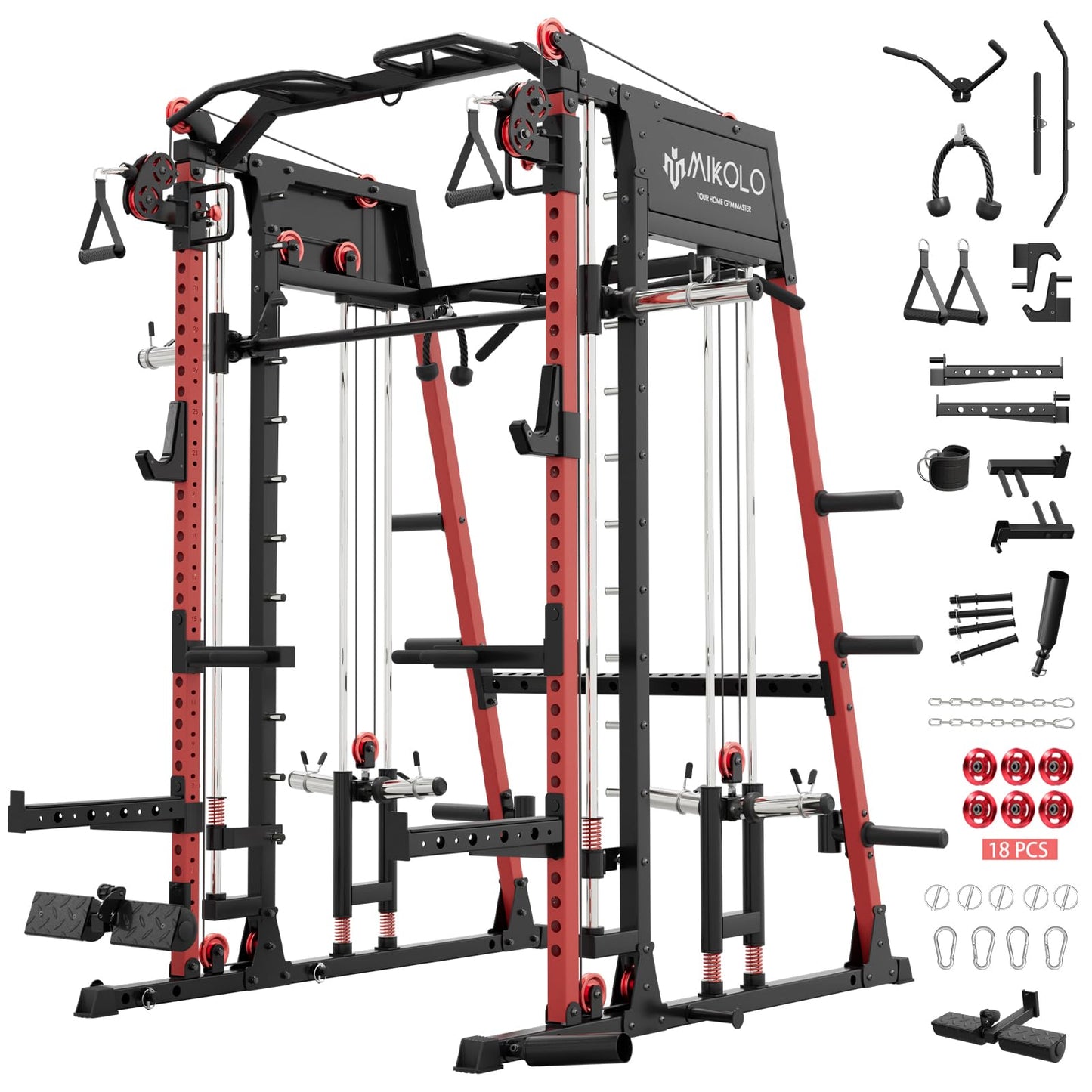 Mikolo M4 2.0 Ultra Smith Machine with Aluminum Pulles, All-in-One Home Gym Power Cage with LAT Pulldown & Cable Crossover, Squat Rack for Full Body Workouts (Red)