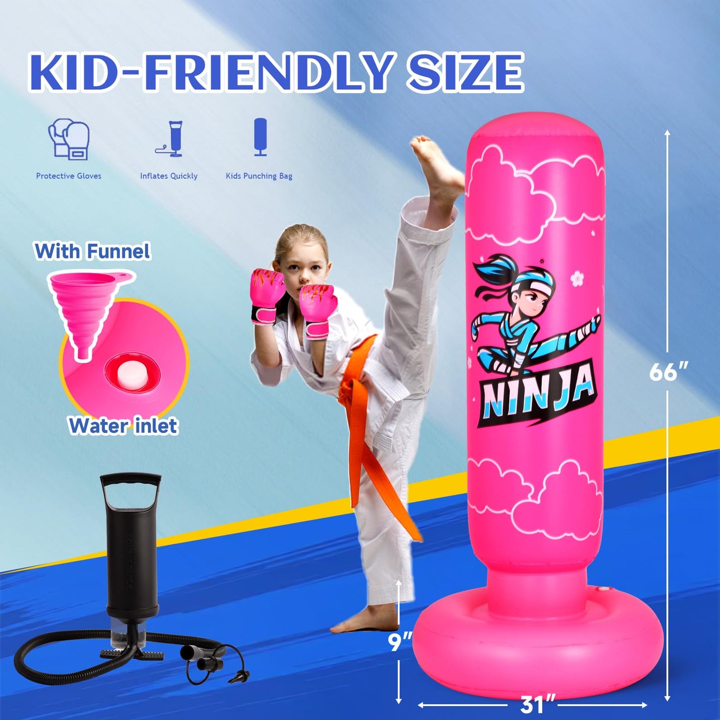 Onirii Kids Punching Bag Toy with Boxing Gloves,66 Inch Larger Stable Updated 4-in-1 Ninja Kids Inflatable Boxing Bag Set,Gifts for Boys & Girls Age 5-12 for Taekwondo,MMA and Practicing Karate