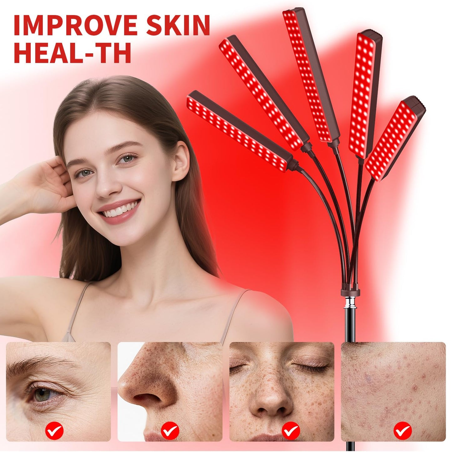 Cholas Red Light Therapy for Face Body, 5 Heads Red Infrared Light Therapy Devices with Stand, 5 Levels Adjustable Brightness 660nm and 850nm Near Infrared Light for Full Body, Muscle Gift for Women