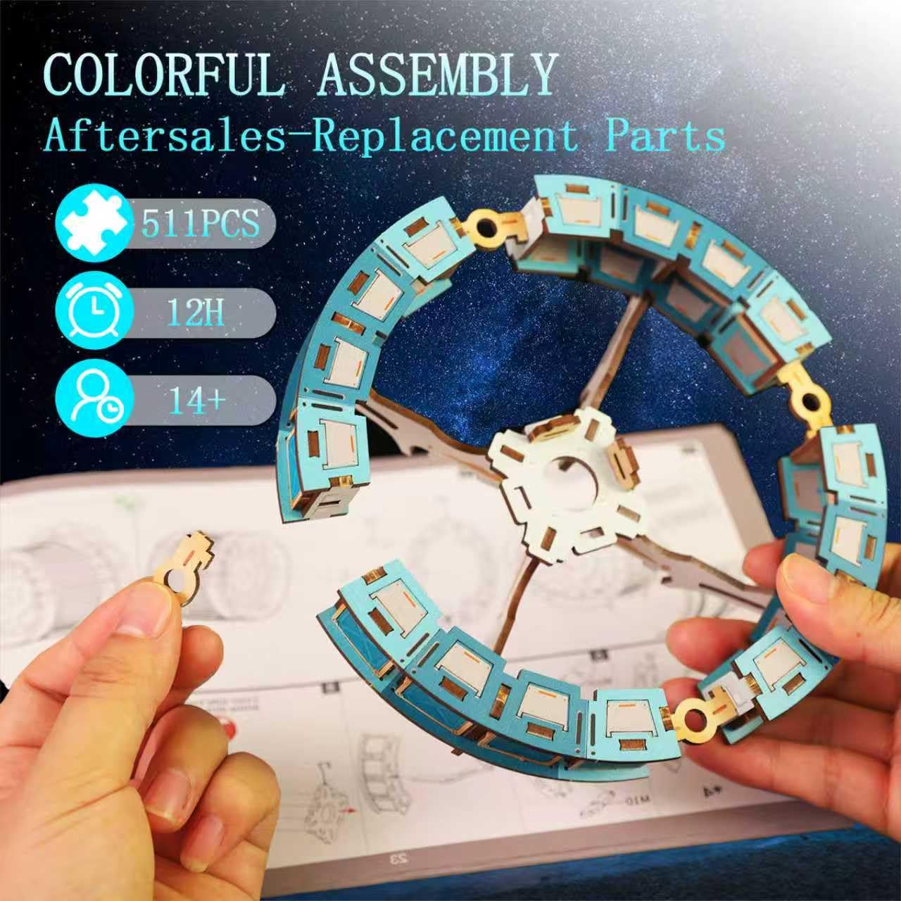 3D Wooden Puzzles for Adults - Space Station Mechanical Model Kit with Lights & Music, 511PCS Adult Wooden Puzzles, DIY Building Toy for Teen & Adults, Miniature House Kit for Birthday