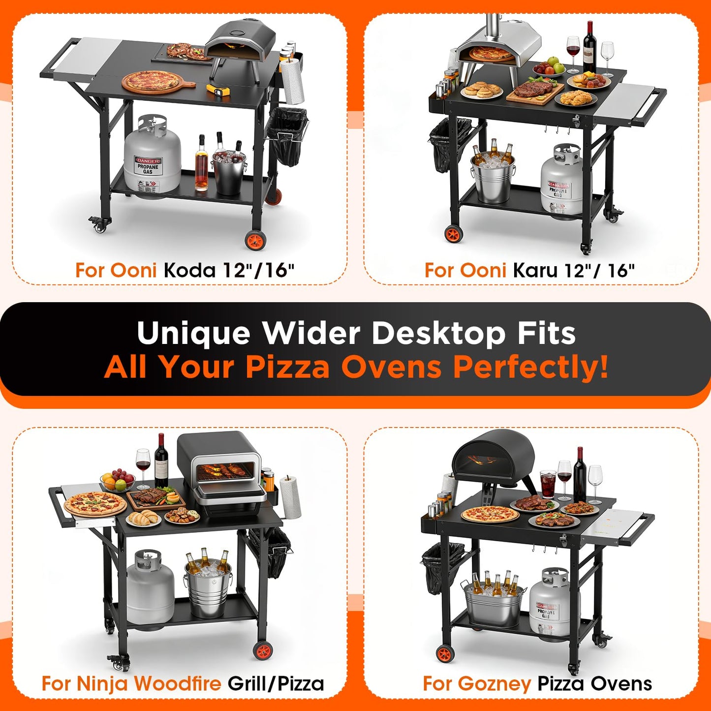 EUTRKei Pizza Oven Table with Topping Station - 45" x 29" Outdoor Grill Cart for Ooni, Ninja, Gozney, Solo Stove, Heavy Duty 450lbs Capacity, Grill Table with Extendable Desk for Tailgating Backyard