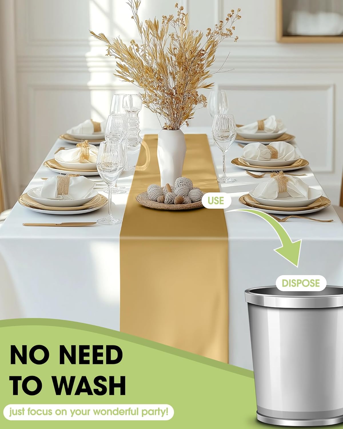 Pureegg Gold Plastic Table Runners - 10 Pack, 14'' x 108'' | Water-Resistant & Disposable for Weddings, Parties, and Home Decor