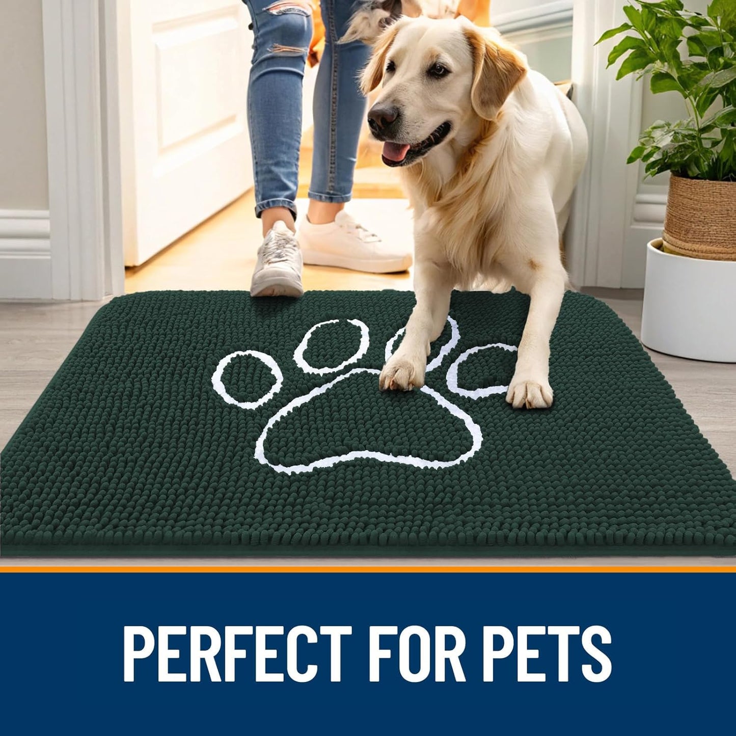 OLANLY Dog Door Mat - Absorbent Non-Slip Chenille for Muddy Paws | 70x24 Inches, Blackish Green