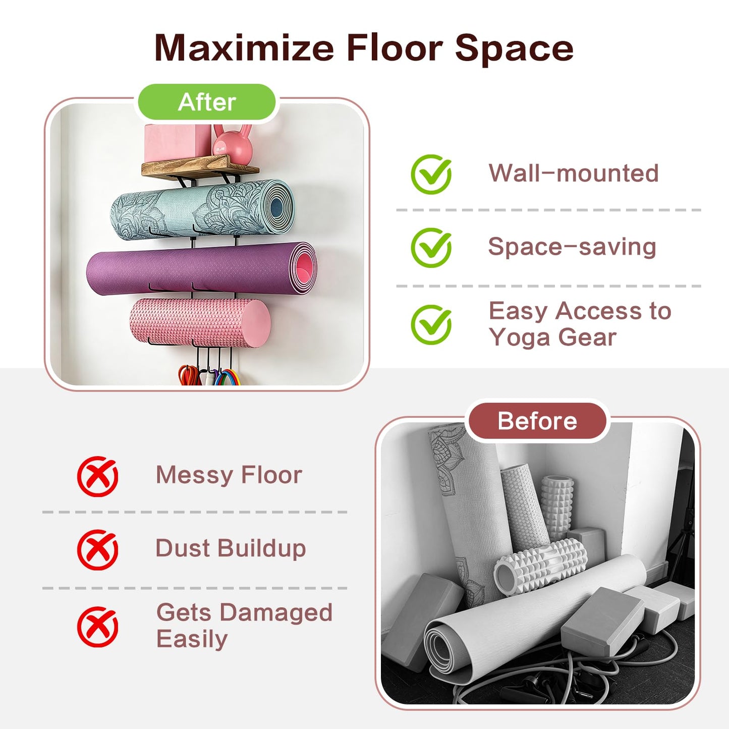VINAEMO Yoga Mat Holder Accessories Wall Mount Organizer Storage Decor Foam Roller and Towel Storage Rack with 4 Hooks and Wooden Shelves Yoga Mats Rack Resistance Bands for Home Gym School Office