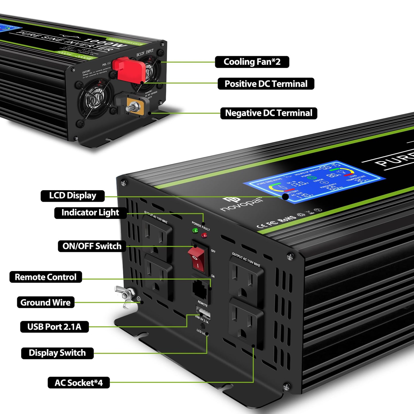 Novopal 1000 Watt Pure Sine Wave Power Inverter 12V DC to 110V/120V AC Converter- 4 AC Outlets Car Inverter with 1 USB Port-16.4 feet Remote Control,Two Cooling Fans and LCD Display Black