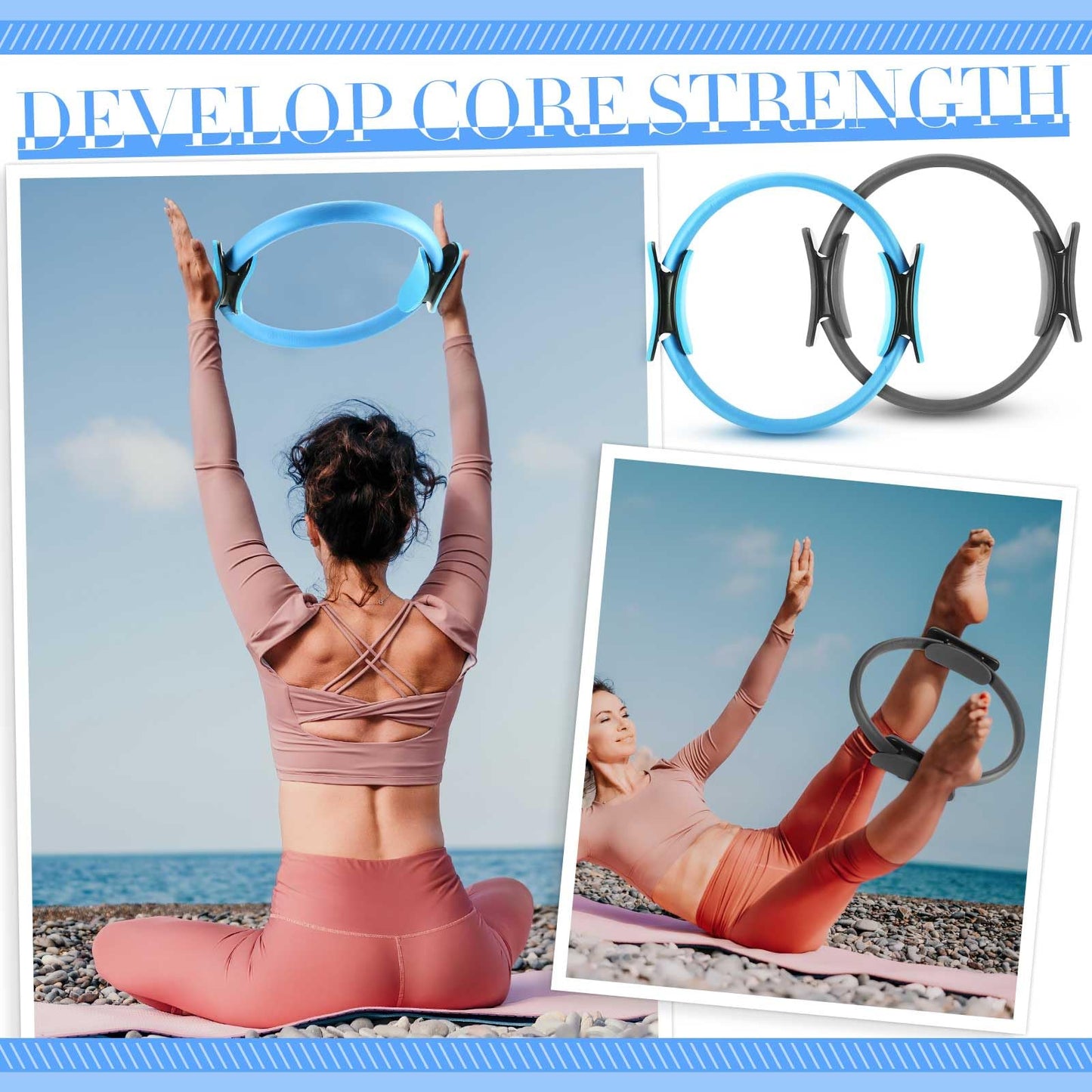 Poen 14 Pcs Pilates Equipment Kit for Home Workout Pilates Ring and Ball Set for Women 12'' Circle Yoga Fitness Essentials Kit with Resistance Bands, Yoga Strap, Socks,Bag (Blue,Gray)