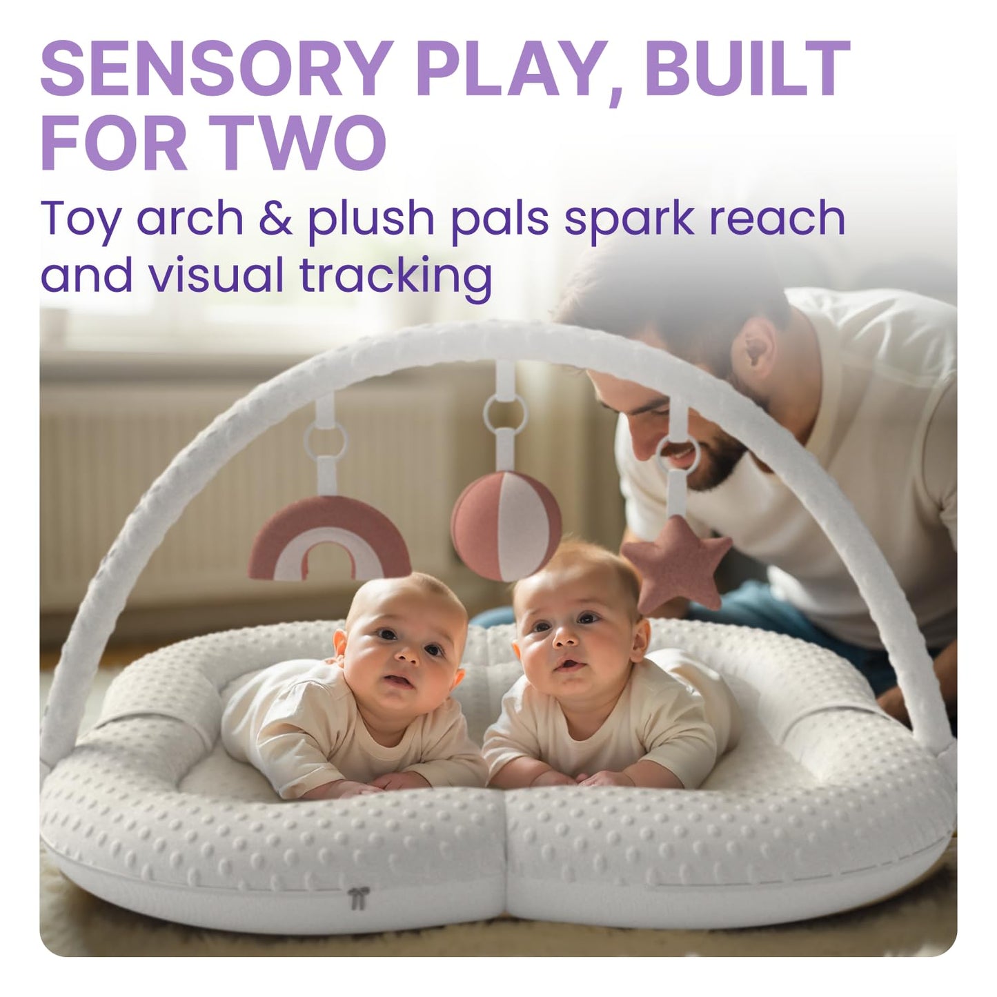 WENDIWAY Twins Baby Play Mats for Floor Activity Gym - 5-in-1 Support Cushion Baby Play Mat Tummy Time Mat for Supervised Bonding with Arch, Plush Toys, Flashcards & Developmental Book - Grey