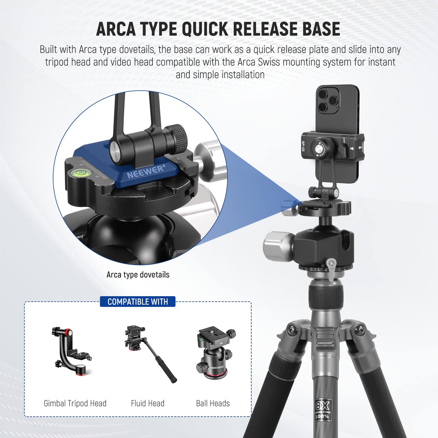 NEEWER Metal Phone Tripod Mount Adapter with Arca QR Base, Cold Shoe, 360° Swivel 180° Tilt, Phone Holder Compatible with iPhone 17 Pro Max 16 15 Samsung Galaxy S25 Ultra S24