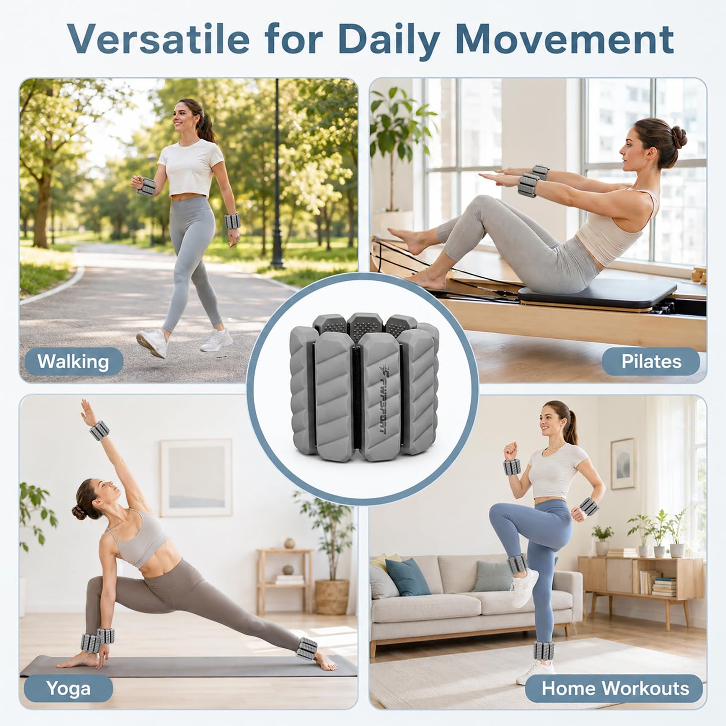 FWPSPORT 2 lb Wrist and Ankle Weights Set of 2 (1 lb Each) with Resistance Band, Adjustable Silicone Wearable Arm & Leg Weights for Walking, Pilates, Yoga, Home Workout