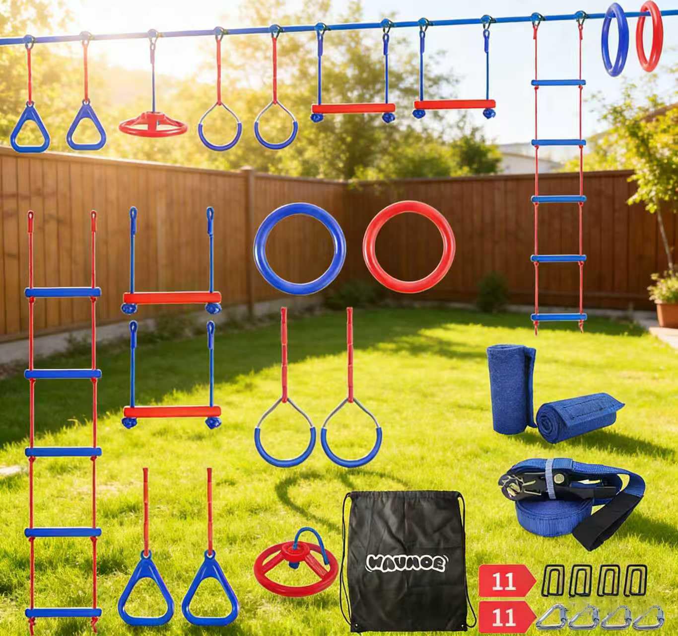 Wavmor Ninja Warrior Obstacle Course for Kids Backyard-1×50ft Slackline Kit with 10 Most Complete Accessories for Boys & Girls, Rope Ladder, Gymnastic Ring, Arm Trainer and Monkey Fist