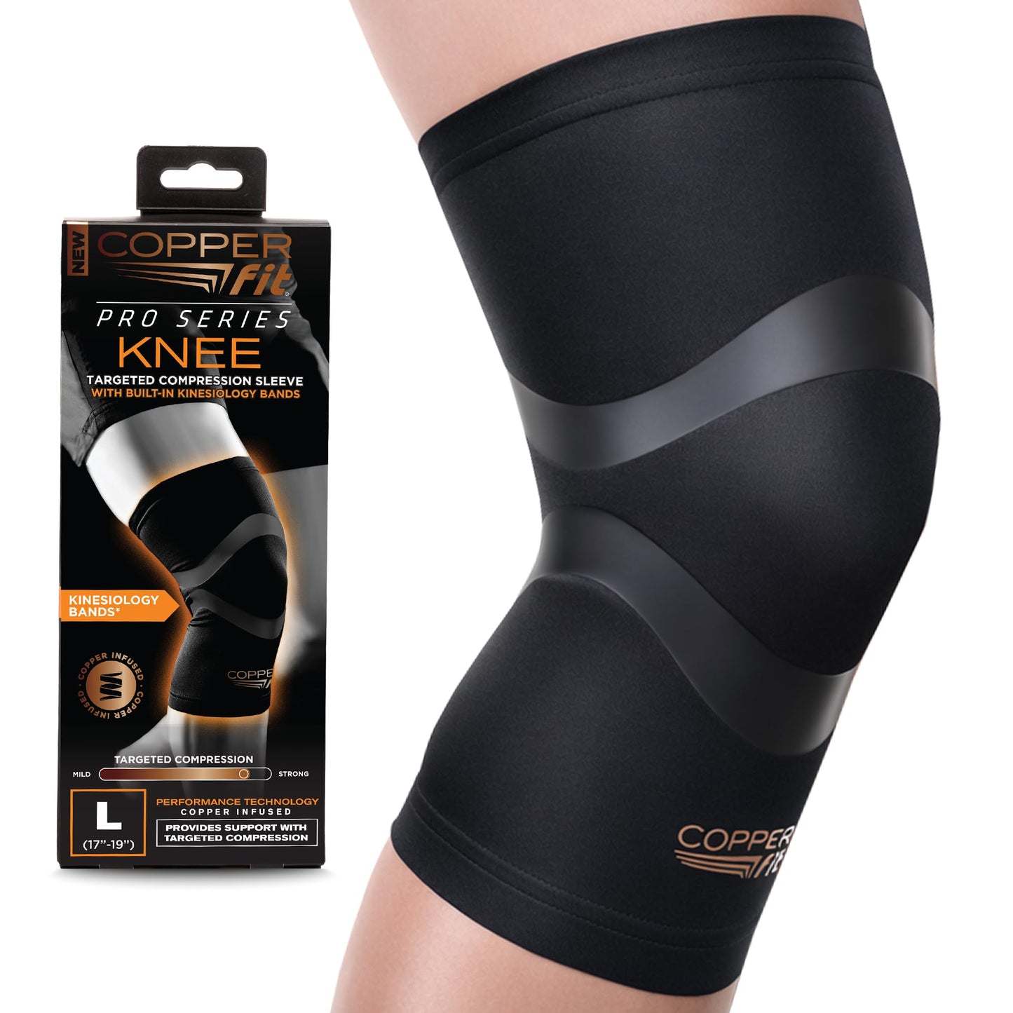 Copper Fit Pro Series Compression Knee Sleeve, Black with Copper Trim, Large, Packaging may Vary