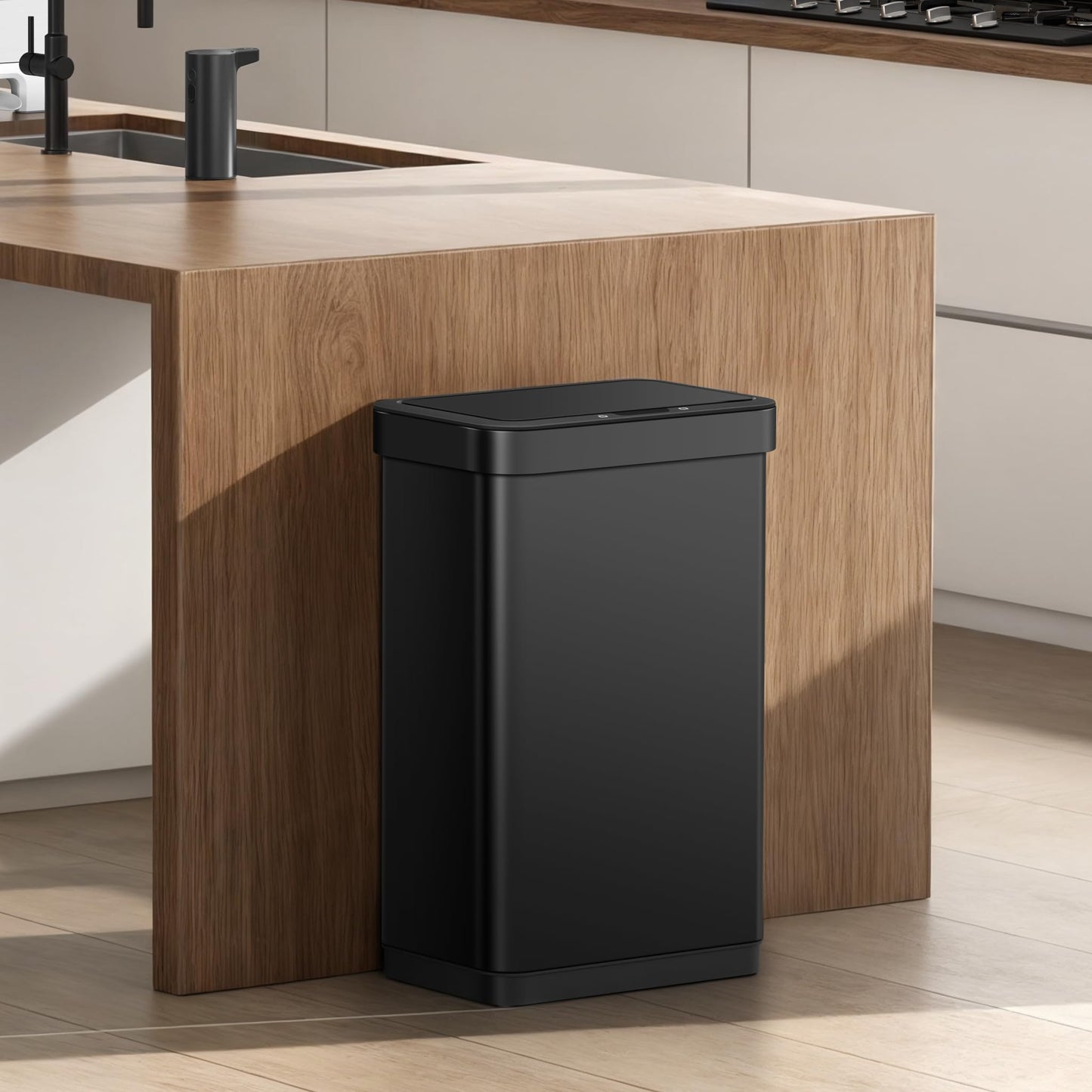EKO EcoNova 13.2 Gallon/ 50L Automatic Sensor Kitchen Trash Can, Stainless Steel Touchless Garbage Bin with Soft-Close &Stay-Open Lid, Fingerprint-Resistant, Matte Black