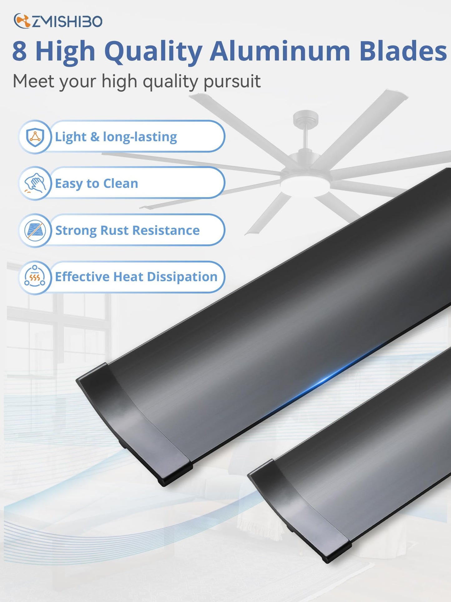 ZMISHIBO 84 Inch Ceiling Fan with Light, Smart Fan Light Compatible with Alexa, 3000-6000K Dimmable, 6 Speeds, Large Industrial Ceiling Fans with 8 Black Aluminum Blades for Patio Living Room