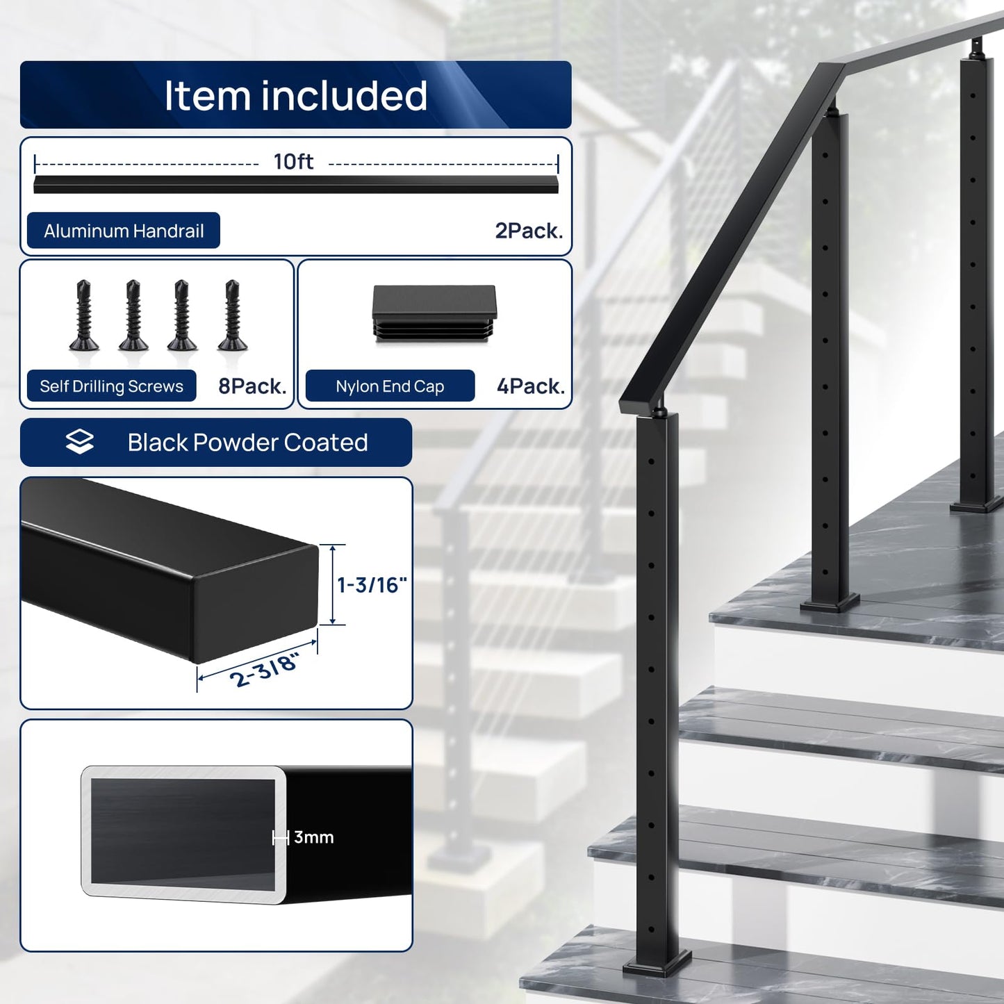 2 Pack 10FTx 2-3/8"x1-3/16 Aluminum Black Handrail with Self Drilling Screws Nylon End Caps, AAMA 2604 Coating, 3mm Thick Flat Handrail Cuttable Top Rail for Deck Stair Railing Indoor Outdoor