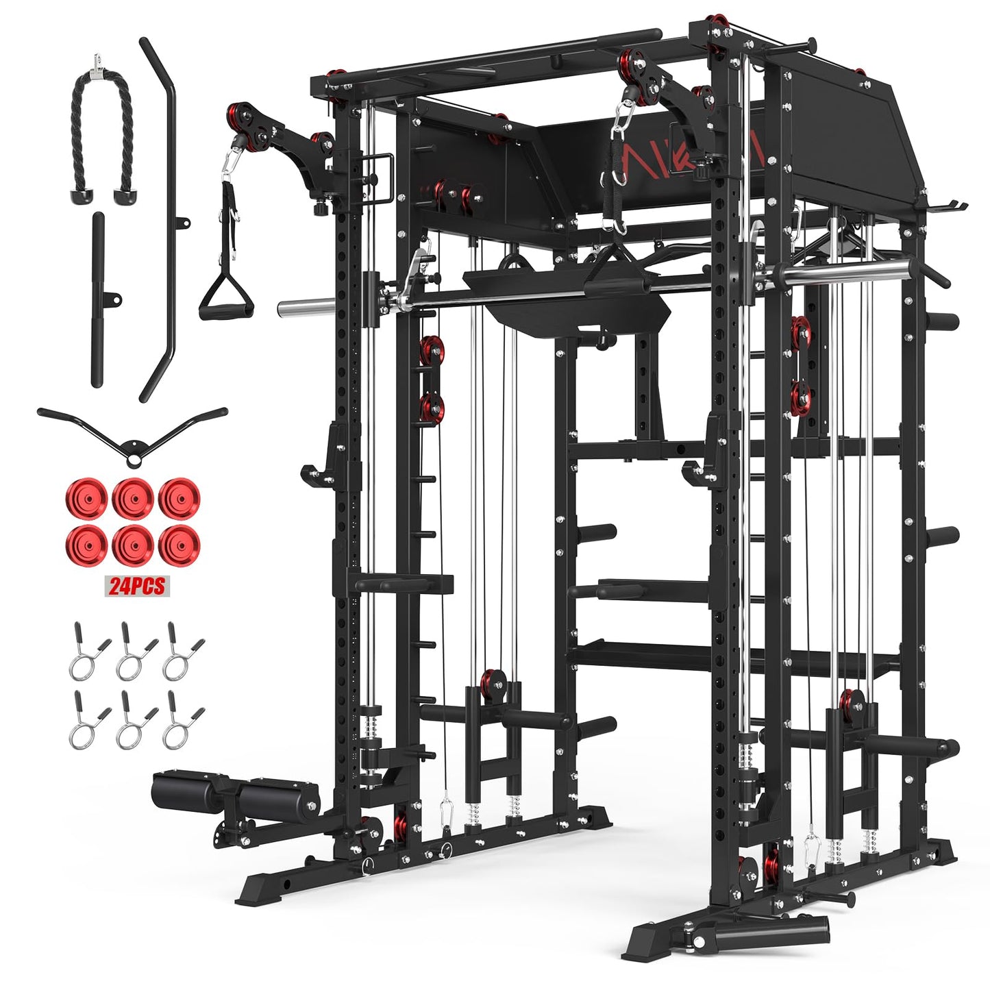 Mikolo Smith Machine, Multi-Function Power Cage with Dual Pulley System, Vertical Leg Press Attachment, Squat Rack Power Rack with More Training Attachment for Home Gym (M10 with Pivot Arm)
