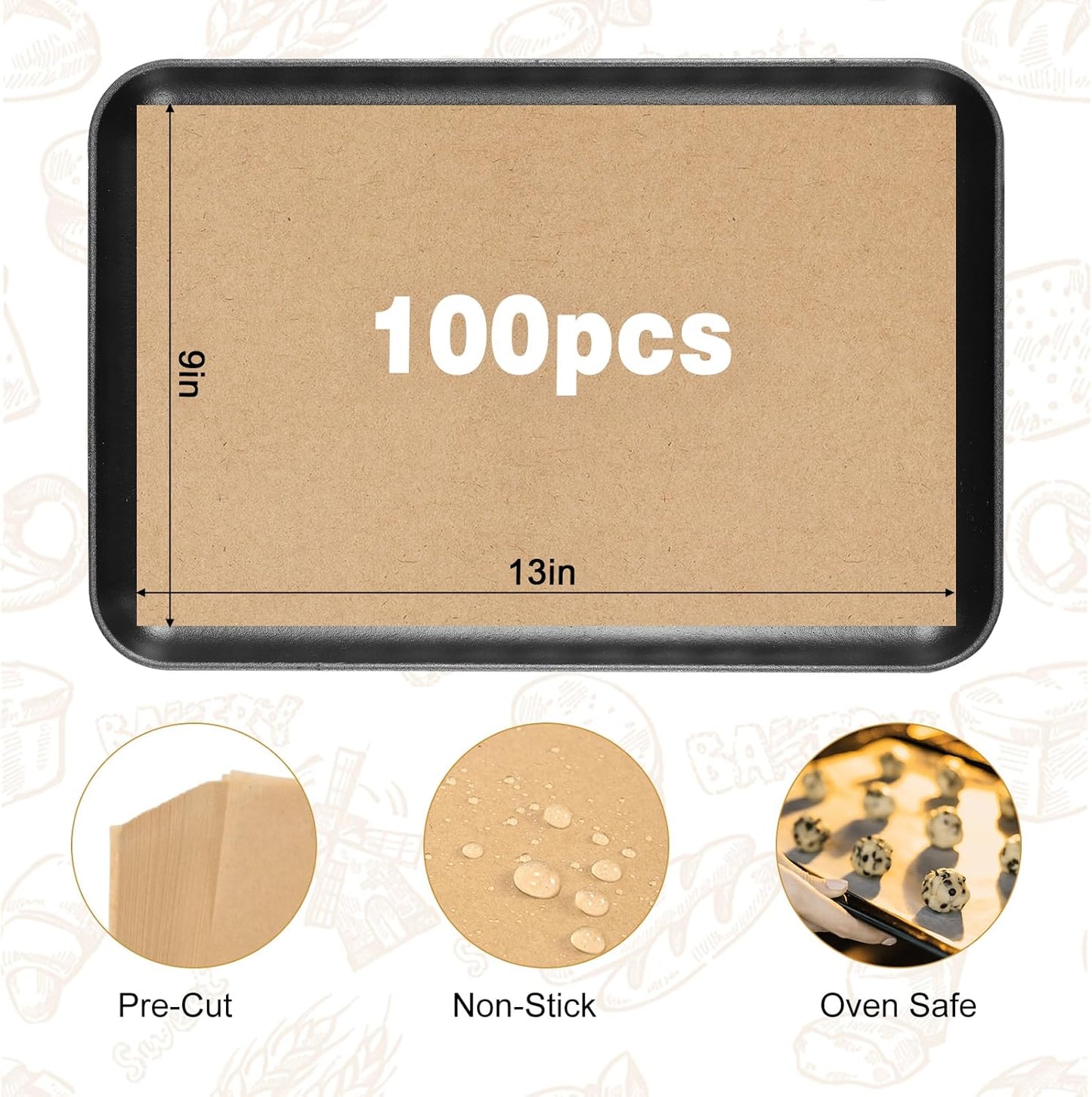 Skiennix Unbleached Parchment Paper - 100 PCS Nonstick Baking Sheets | 23cm x 33cm, High-Temperature Resistant