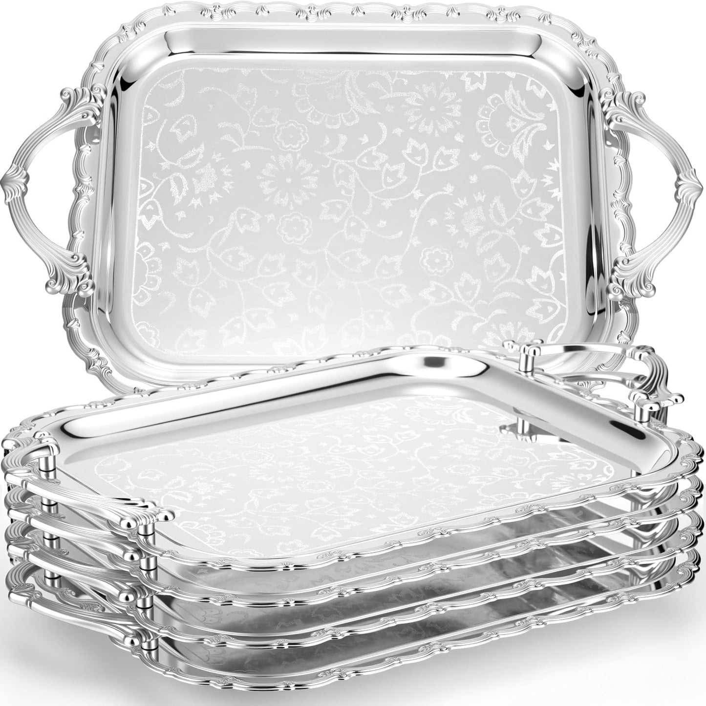 Ferrochef 4 Pcs Silver Serving Tray with Handles Elegant Victoria Floral Engraved Metal Platters Large Decorative Trays for Buffet,Wedding Party, Jewelry Display, Service(Classic,Sliver)