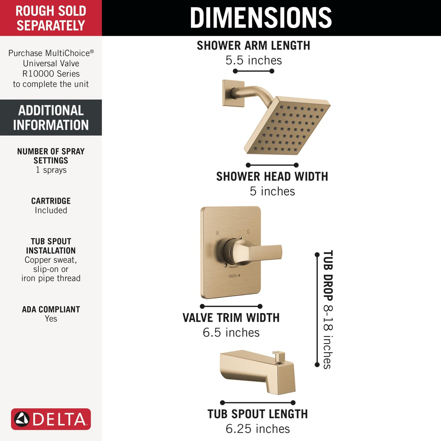 Delta Velum 14 Series Square Bathtub and Shower Faucet Set, Brushed Gold Shower Head and Handle Set, Valve Trim Kit, Champagne Bronze T14437-CZ (Valve Not Included)
