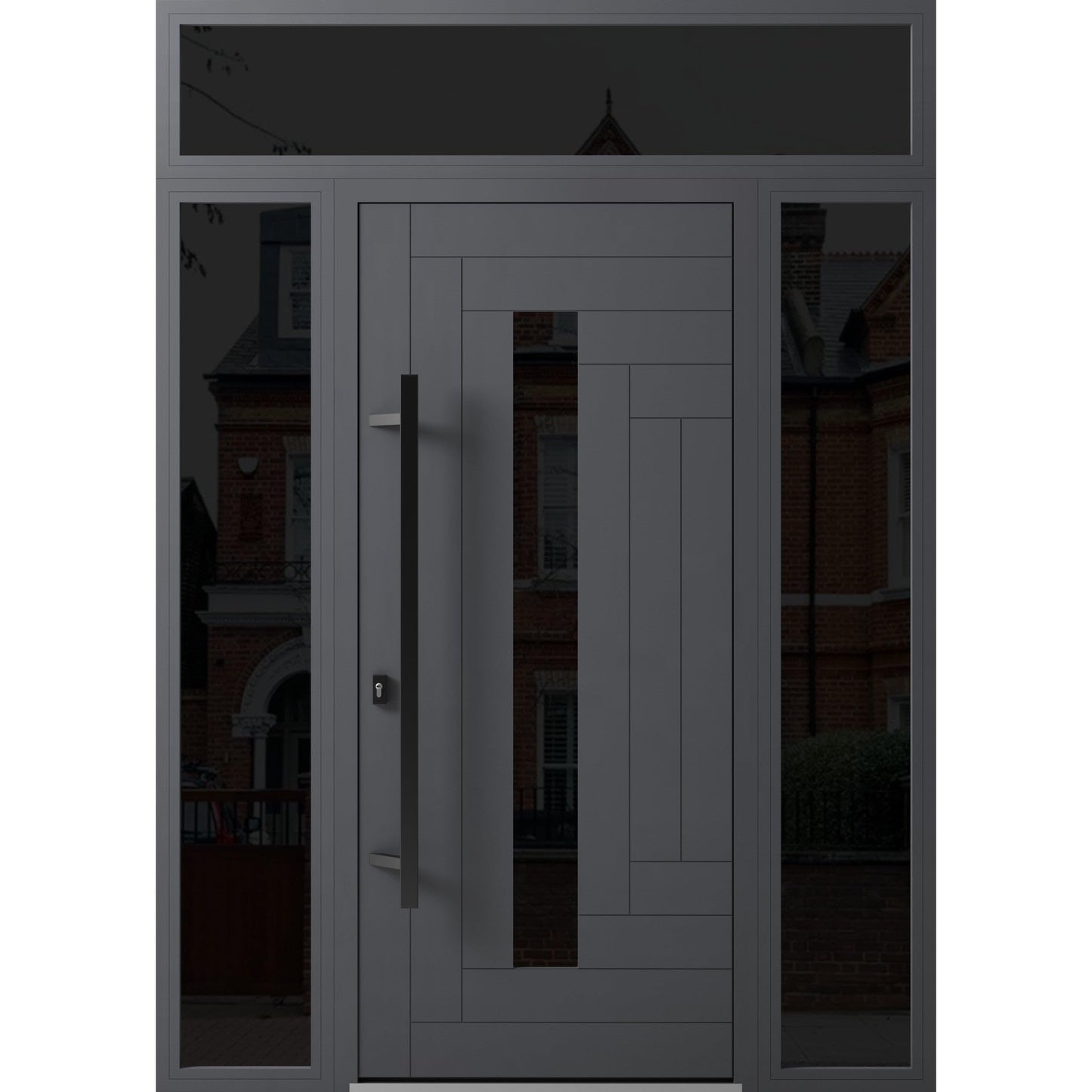 VDOMDOORS Front Exterior Prehung Steel Door/Ronex 0130 Grey / 2 Side and Top Exterior Window Sidelite/Entry Metal Modern Painted W16+36+16" x H80+16" Right Hand Inswing