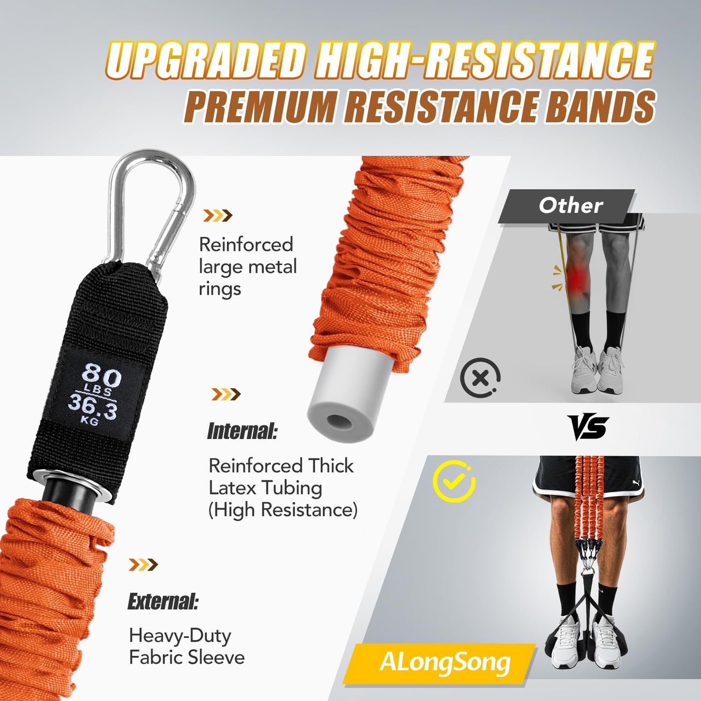 ALongSong Pull Up Assistance Bands with Foot Support Pedal Upgraded Heavy Duty Resistance Bands Adjustable Weight/Height with 4x80Lbs Bands&Measured Strap for Strength Training Home Gym Workout-Orange