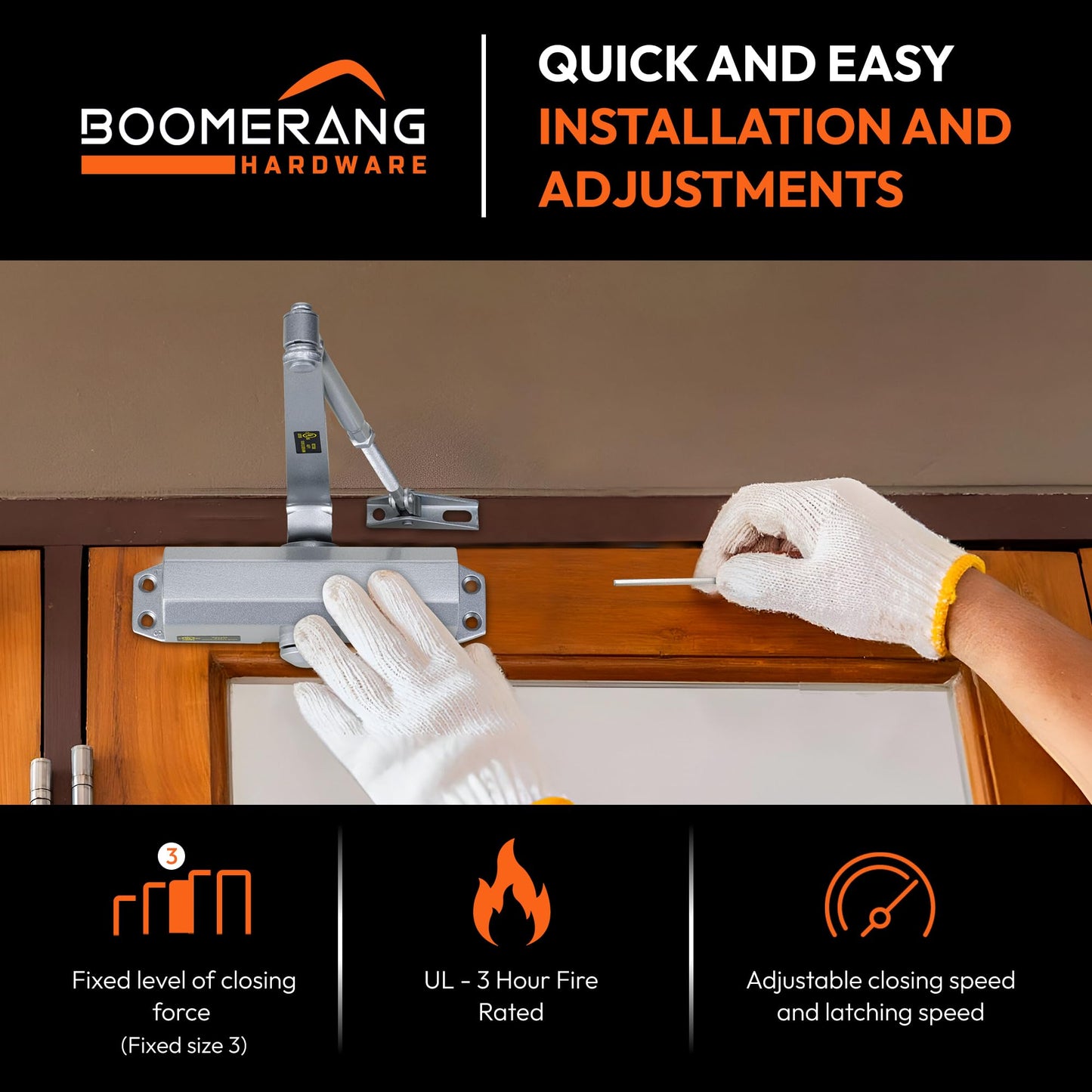 Boomerang D503 Light/Medium-Duty Designer Auto Commercial Door Closer, Multiple Mount Options, Door Closer for Light/Medium Traffic Areas, UL 3 Hour Fire Rated, Aluminum/Silver (US26D)