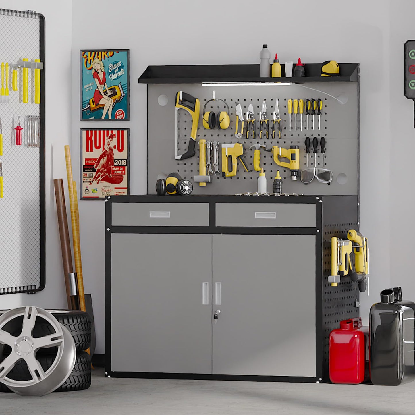 65" Heavy Duty Workbench with Drawers and Lockable Storage Cabinet- 2500 LBS Capacity Work Bench with Pegboard,Work Table with Adjustable LED Light for Garage,Workshop and Repair Shop