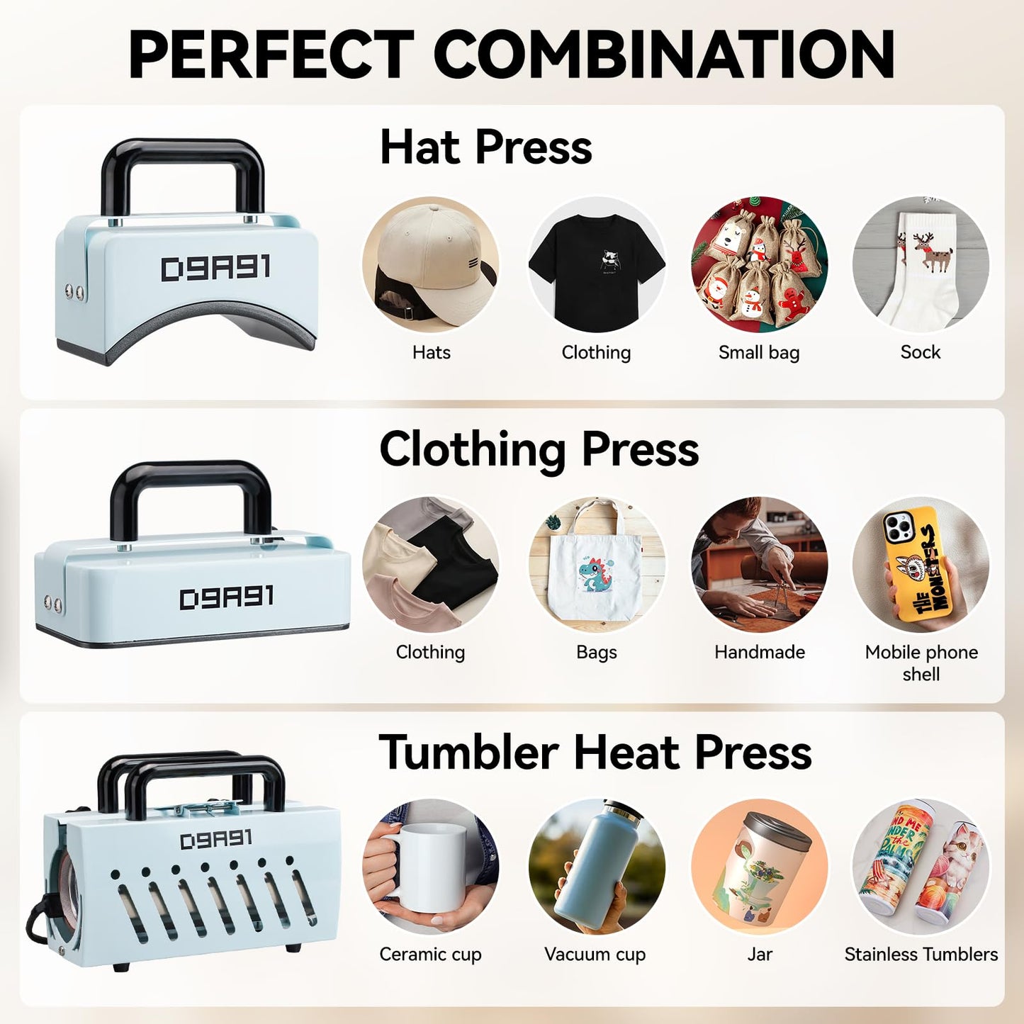 D9A91 3 in 1 Heat Press Machine, Hat Press Machine and Tumbler Heat Press Machine. for Caps, T-Shirt & More, 11-30oz Mug Press, Heat Up Fast and Even,No Crease, LCD Digital Temperature -Light Blue