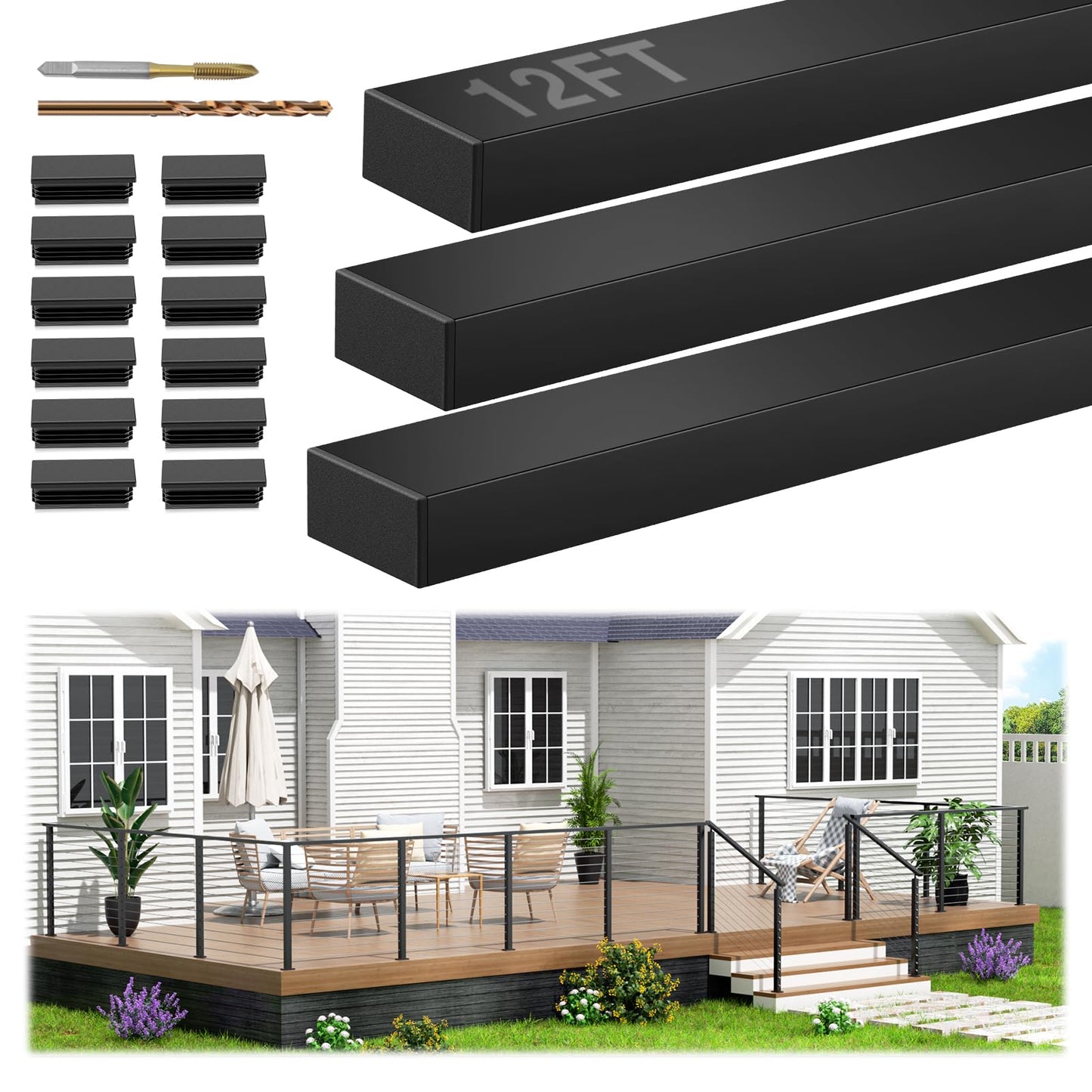 Gyykzz 12FT Stainless Steel T304 Black Handrail, 3 Pack Rectangular Cuttable Handrail Flat Top Rail 2-3/8"x1-3/16 with Nylon End Caps for Indoor Outdoor Deck Stair Cable Railing System DIY Balustrade