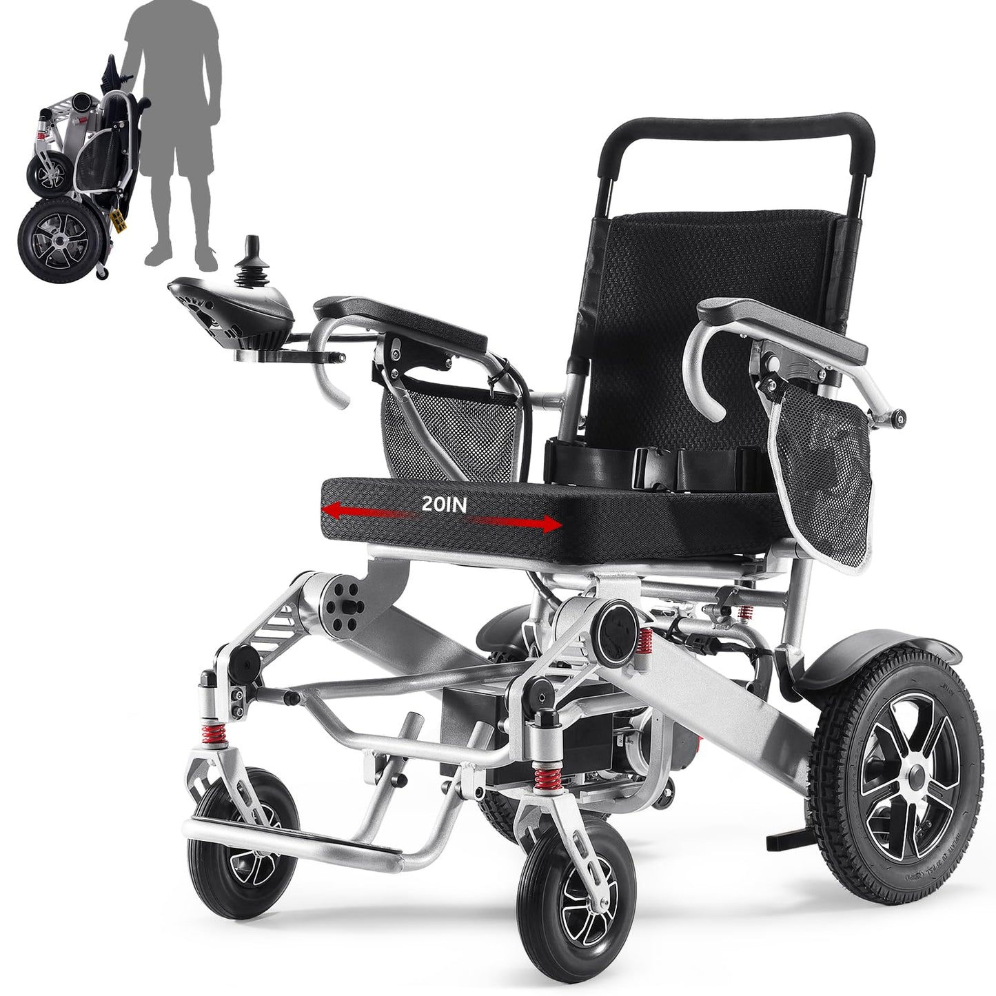 30+ Miles Range Electric Wheelchair for Adults Foldable, 20” Seat Width All Terrain Motorized Power Wheelchair Portable, 4mph 300 lbs Capacity 500W Power Airline Approved (2-Batteries Version)