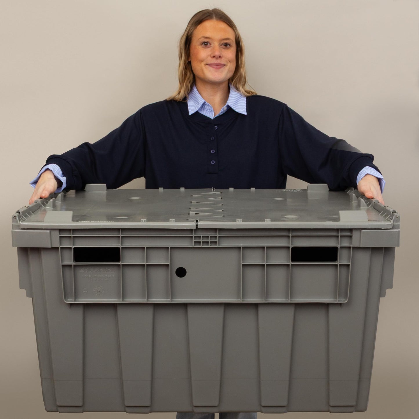 Buckhorn Industrial Lidded Plastic Storage Container, Nesting and Stackable Plastic Storage Box with Lid Attached, Organization Tote for Transport and Warehouse, 50 Gallon Capacity, 34"x24"x20", Gray