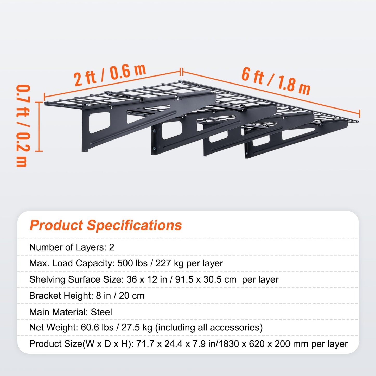 VEVOR 2 x 6 ft Garage Shelving Wall Mounted, 2 Pack Heavy Duty Wall Shelves 1000lbs Capacity, Garage Storage Rack Floating Shelves for Shop, Shed, Storage