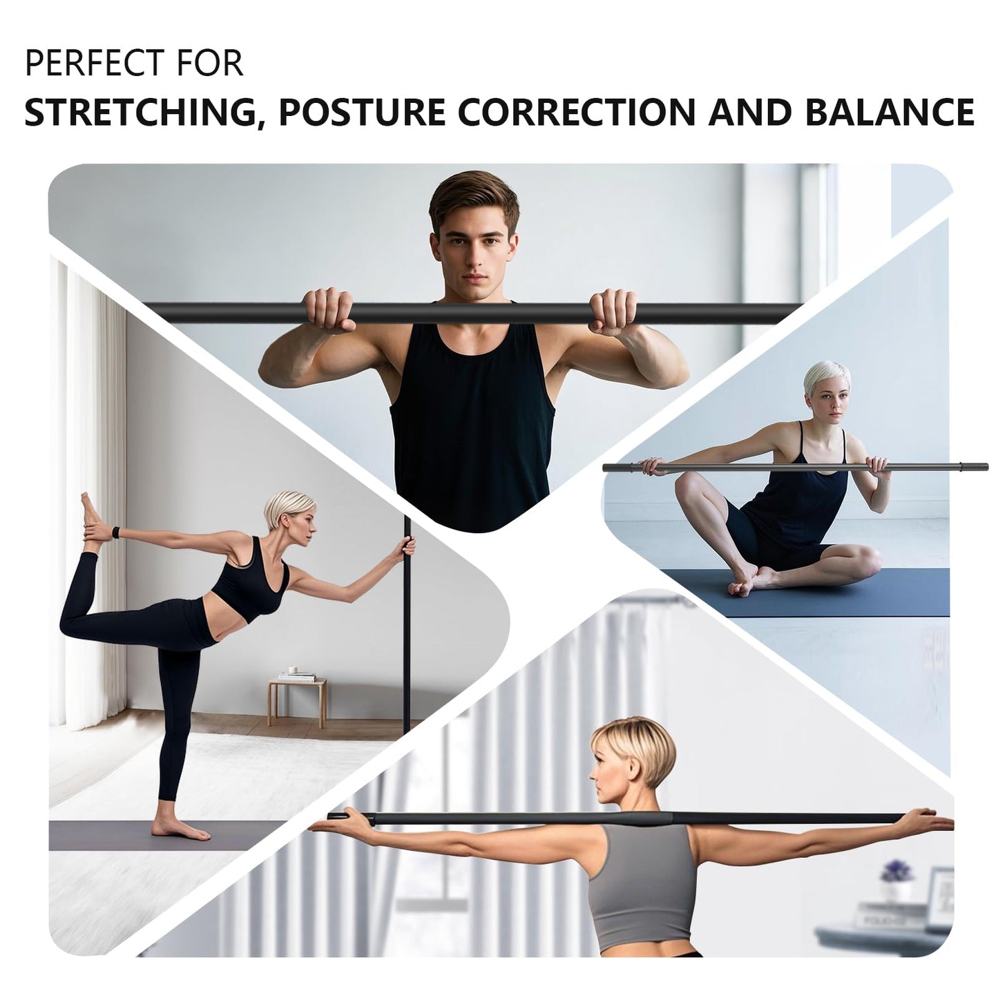 Wasoyun Yoga Stick 5ft, Adjustable Stretching Stick with 4 Steel Rods, Non-Slip Handle and Exercise Guide for Stretching and Exercise Physical Therapy, Pilates, Multi-Functional Fitness Stick.