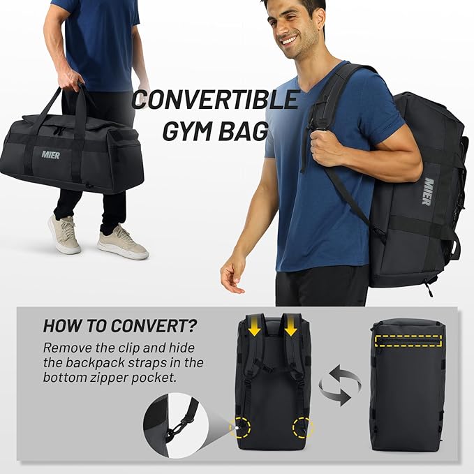 MIER Gym Bag for Men Large Duffel Backpack with Shoe Compartment, 60L Convertible Duffle Bags Weekender Overnight Bag for Gym Sports Travel, Black