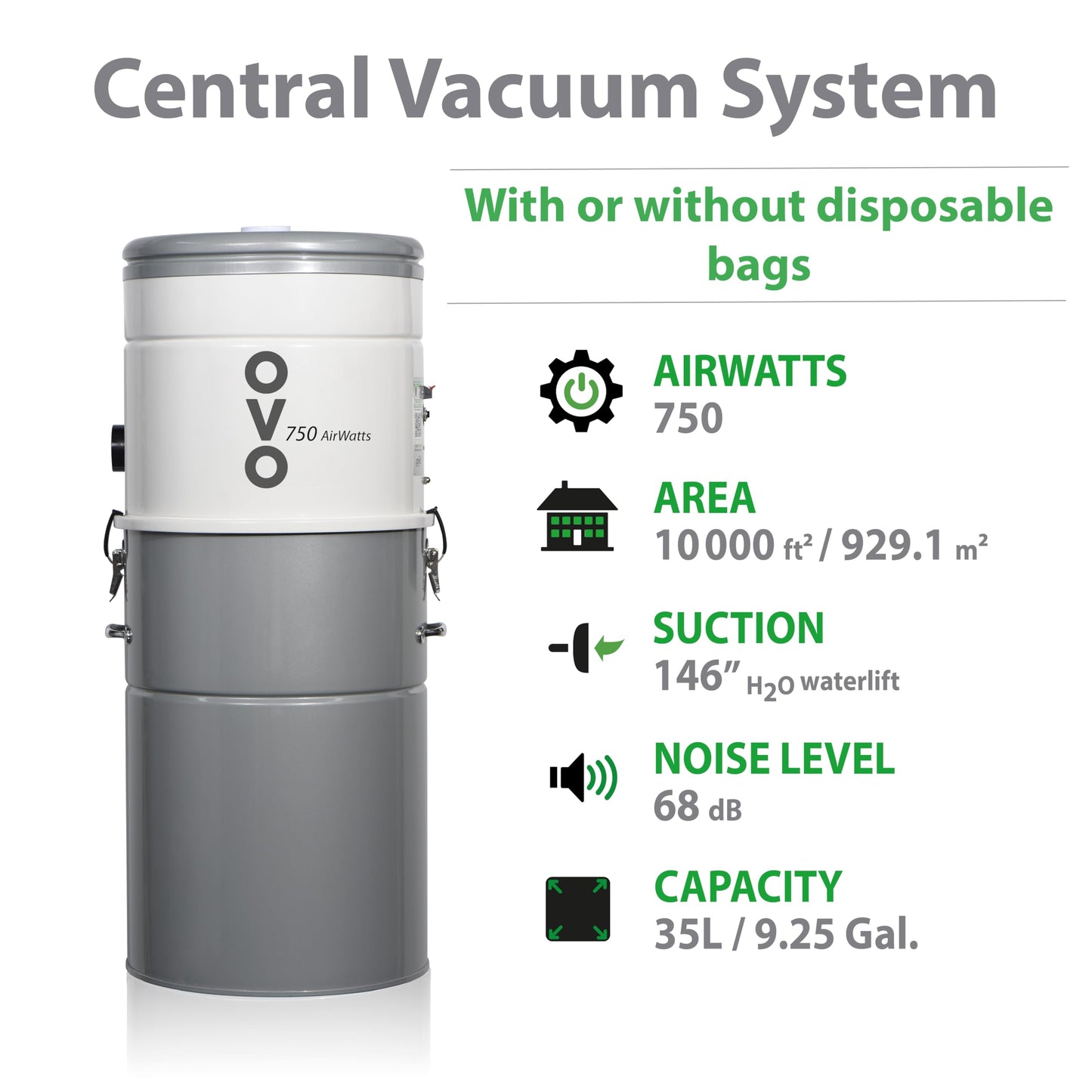 OVO 750 Airwatts Heavy Duty Powerful Central Vacuum System, Hybrid Filtration (with or Without Disposable Bags) 35L or 9.25Gal Bottom Load Dust Bin