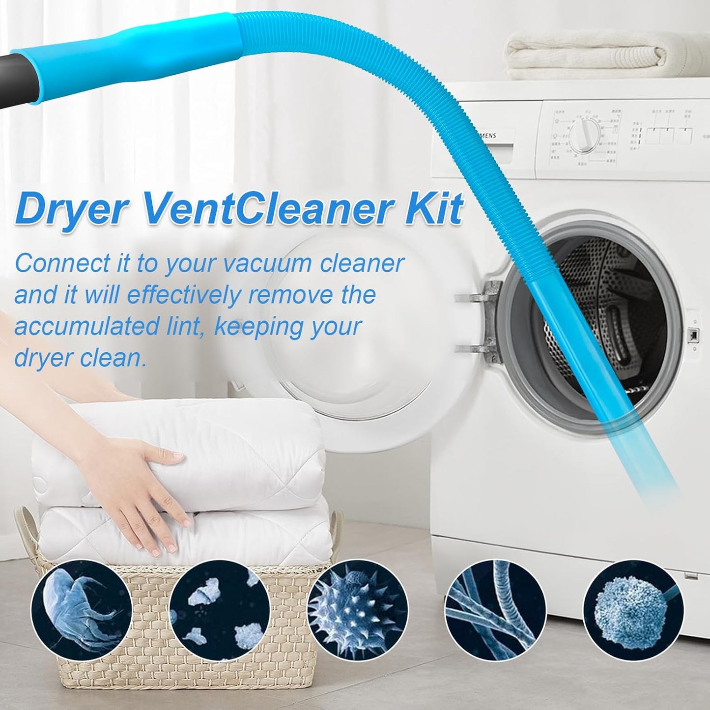 Skiennix Dryer Vent Cleaner Kit - Universal Vacuum Hose Attachment for Effective Lint Removal | Blue